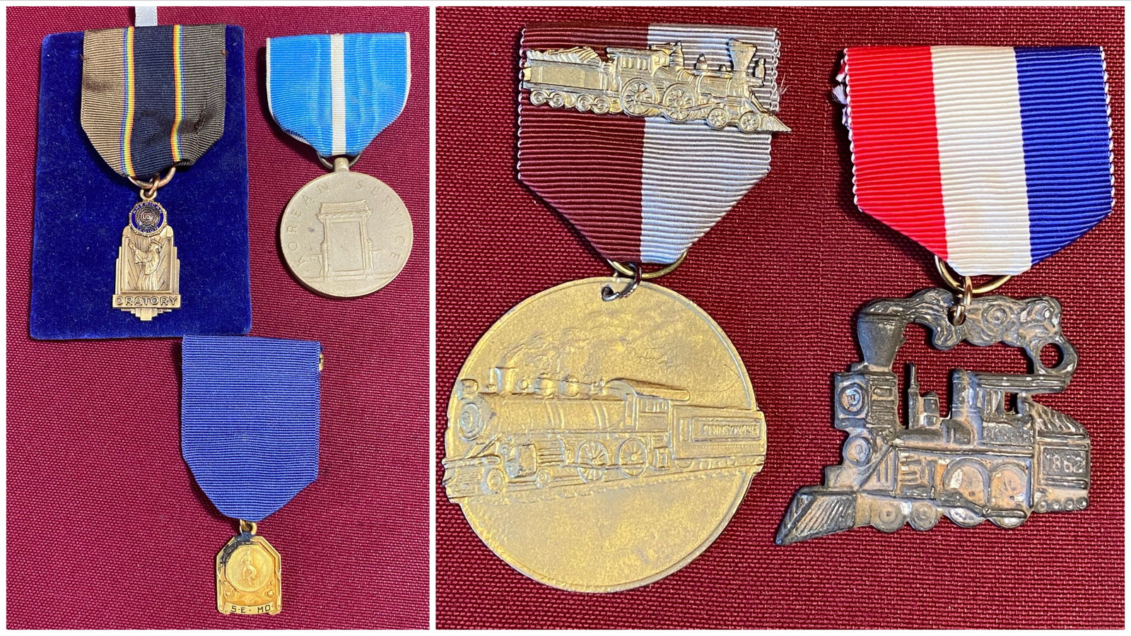 Military & Train Related Medals - Two Train Related Ribbon Medals & Three Military Related Medals - (1 of 6)