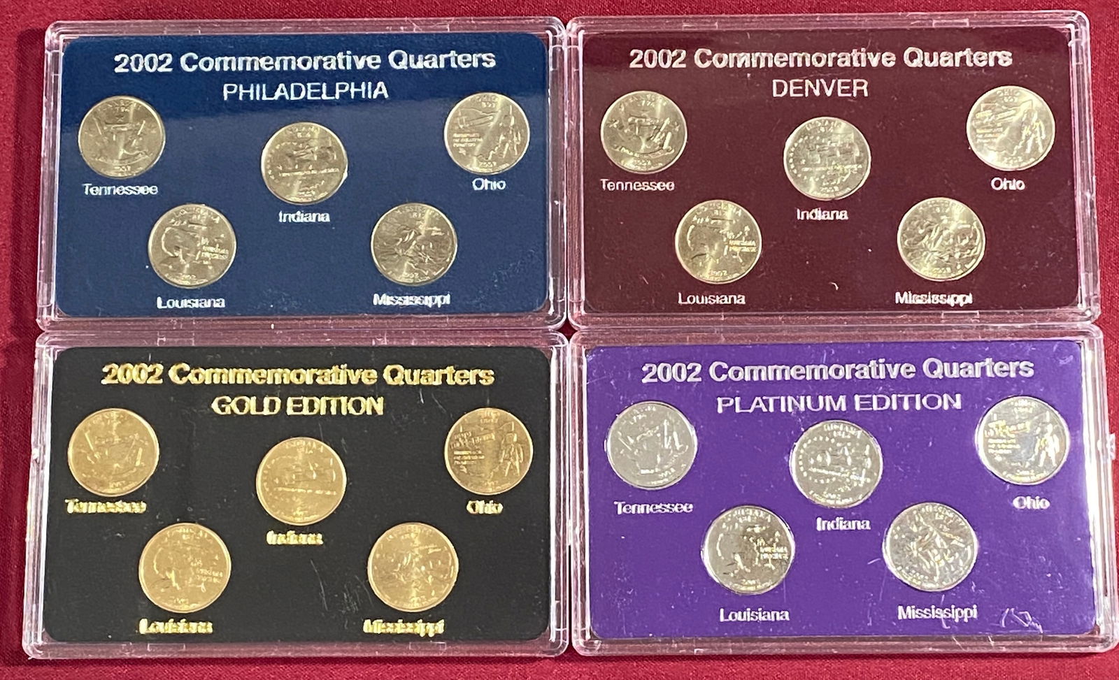 Four 2002 Quarter Coin Sets - 'Gold' Edition, 'Platinum' Edition, Denver, Philadelphia (1 of 2)