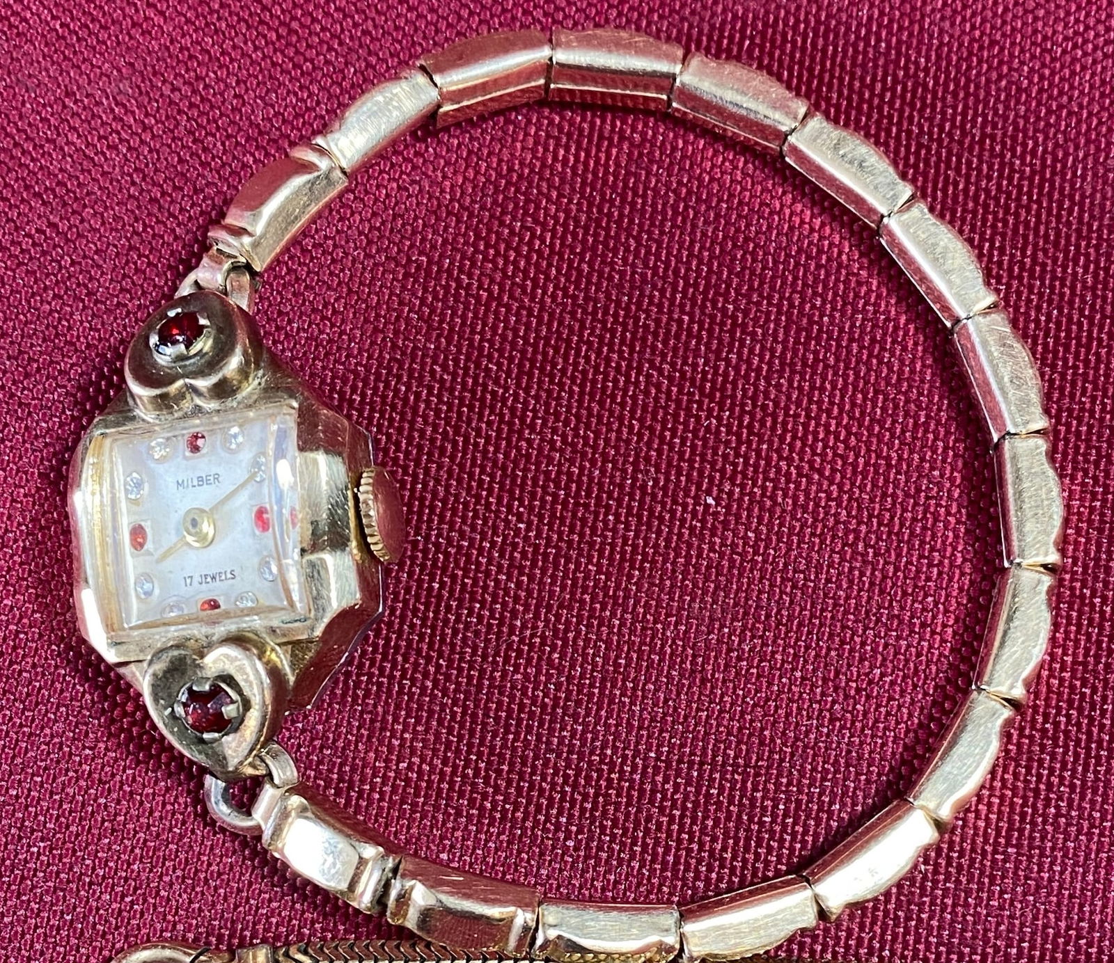 Milber 17 Jewels Red/White Jeweled Faced Wristwatch (Band Marked 10K Gold-Filled) - Berman Watch Co.: Milber 17 Jewels Red/White Jeweled Faced Wristwatch (Band Marked 10K Gold-Filled) - Berman Watch Co. Movement