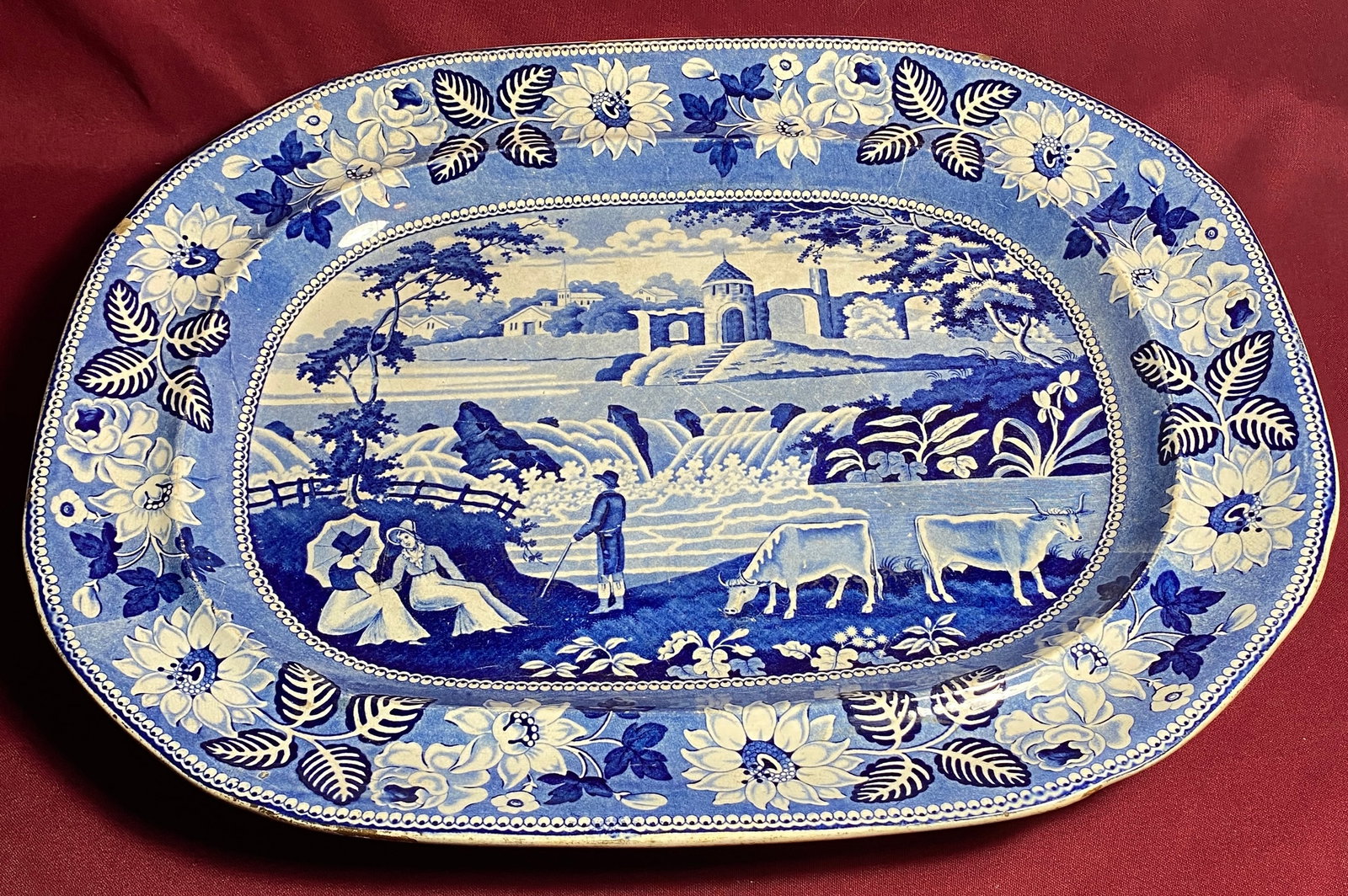 Antique Large English Staffordshire Blue Trasferware Platter - 1825 Fall of Killarney - Has Small: Antique Large English Staffordshire Blue Trasferware Platter - 1825 Fall of Killarney - Has Small Chip - As Seen in Photos