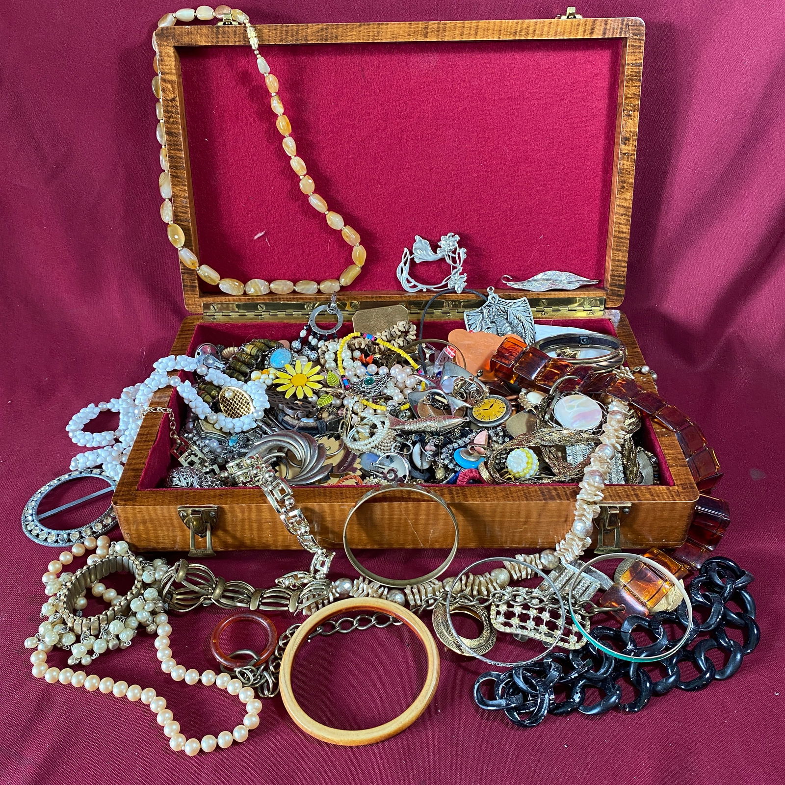 Older, Vintage, and Costume Jewelry in Wooden Box - Various Conditions and Types (1 of 10)