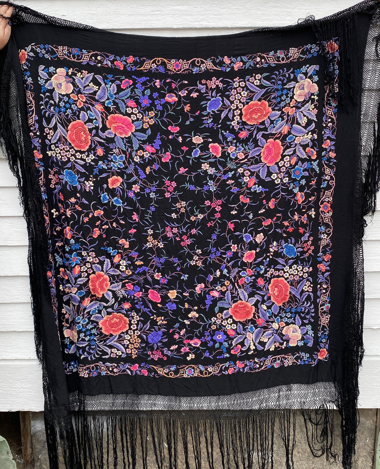 Floral Embroidered Black Shawl/Scarf with Fringe - 55"x55": Floral Embroidered Black Shawl/Scarf with Fringe - 55"x55"