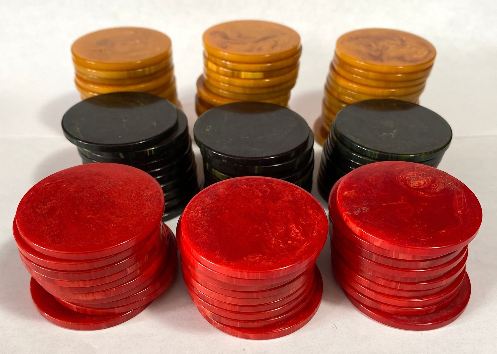 Bakelite Poker Chips in Three Colors - One Hundred Total - (40) Butterscotch, (30) Cherry Red, (30) (1 of 7)