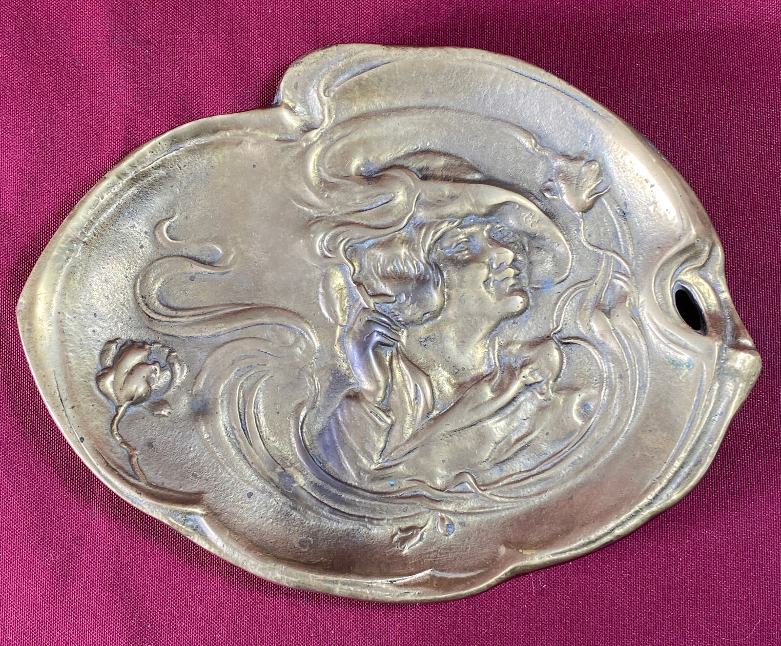 Brass Art Nouveau Card Tray with Swirling Smoke Lady Design: Brass Art Nouveau Card Tray with Swirling Smoke Lady Design