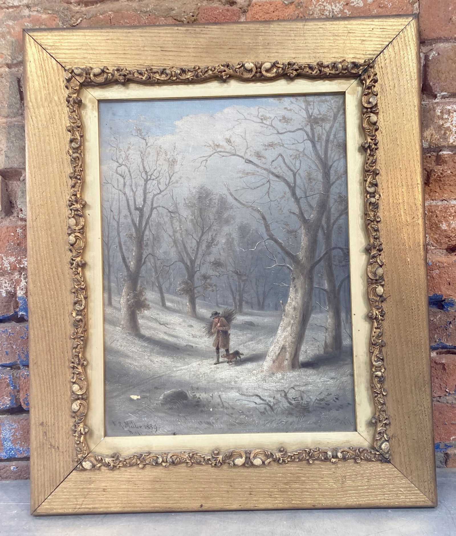 Antique Oil on Canvas by William Rickarby Miller (1818-1893) - Man with Dog in Woods - Signed and (1 of 6)