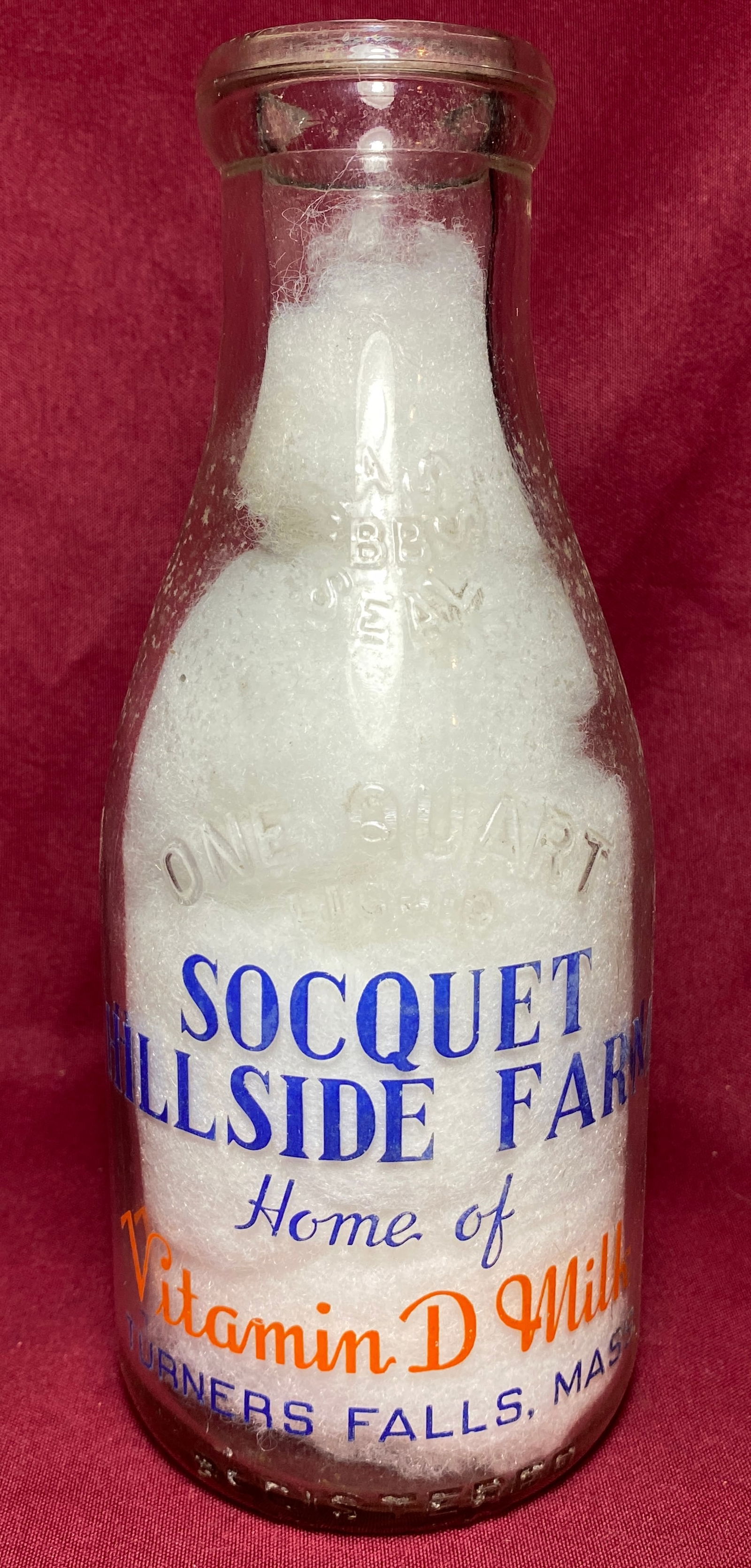 Socquet Hillside Farm One Quart Advertisement Milk Bottle - Turners Falls MA - Home of Vitamin D: Socquet Hillside Farm One Quart Advertisement Milk Bottle - Turners Falls MA - Home of Vitamin D Milk