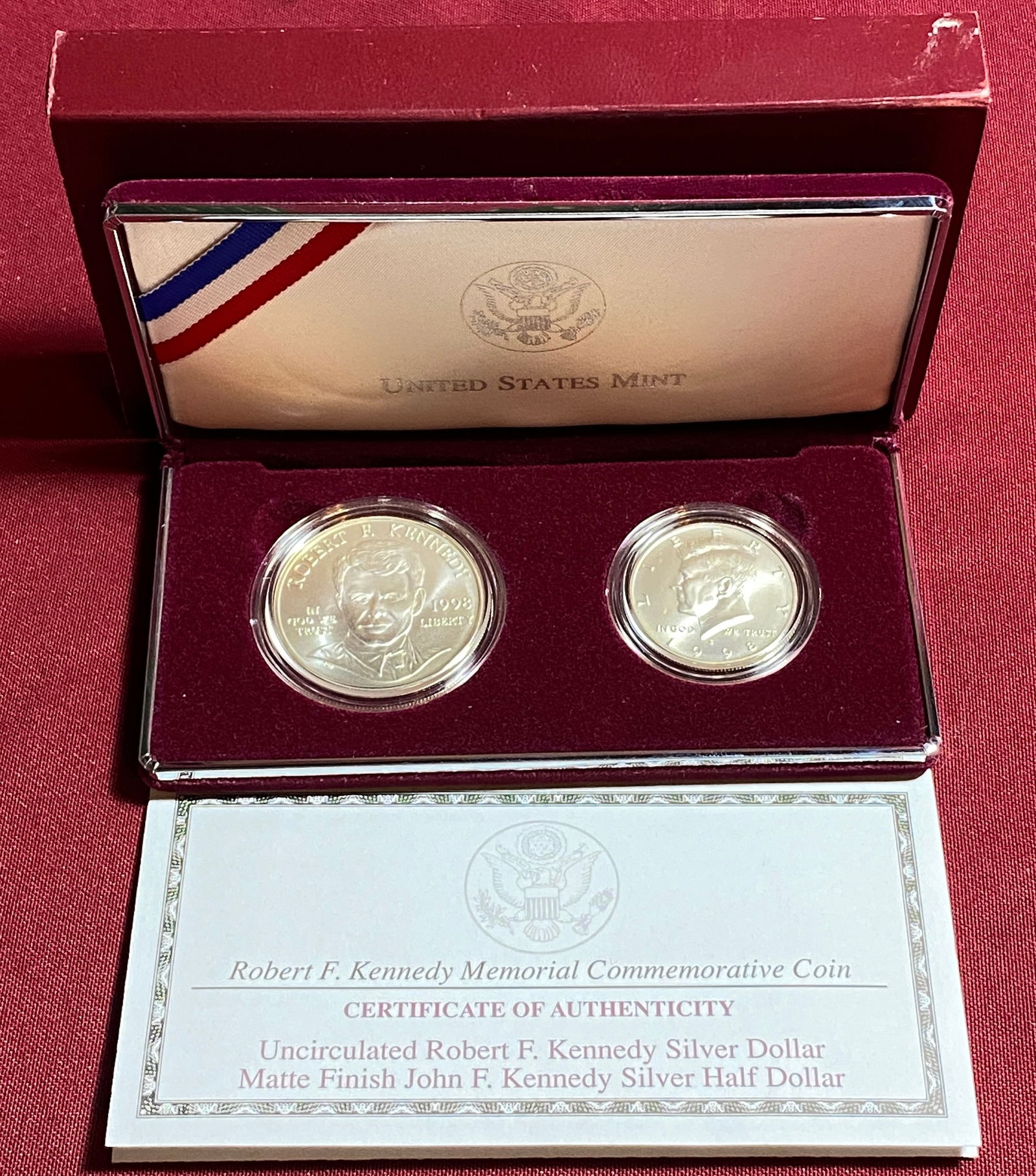 1998 U.S. Mint Robert F Kennedy Memorial Commemorative Silver Coin Set - 1998-S RFK Silver Dollar &: 1998 U.S. Mint Robert F Kennedy Memorial Commemorative Silver Coin Set - 1998-S RFK Silver Dollar & 1998-S Kennedy Silver Half Dollar