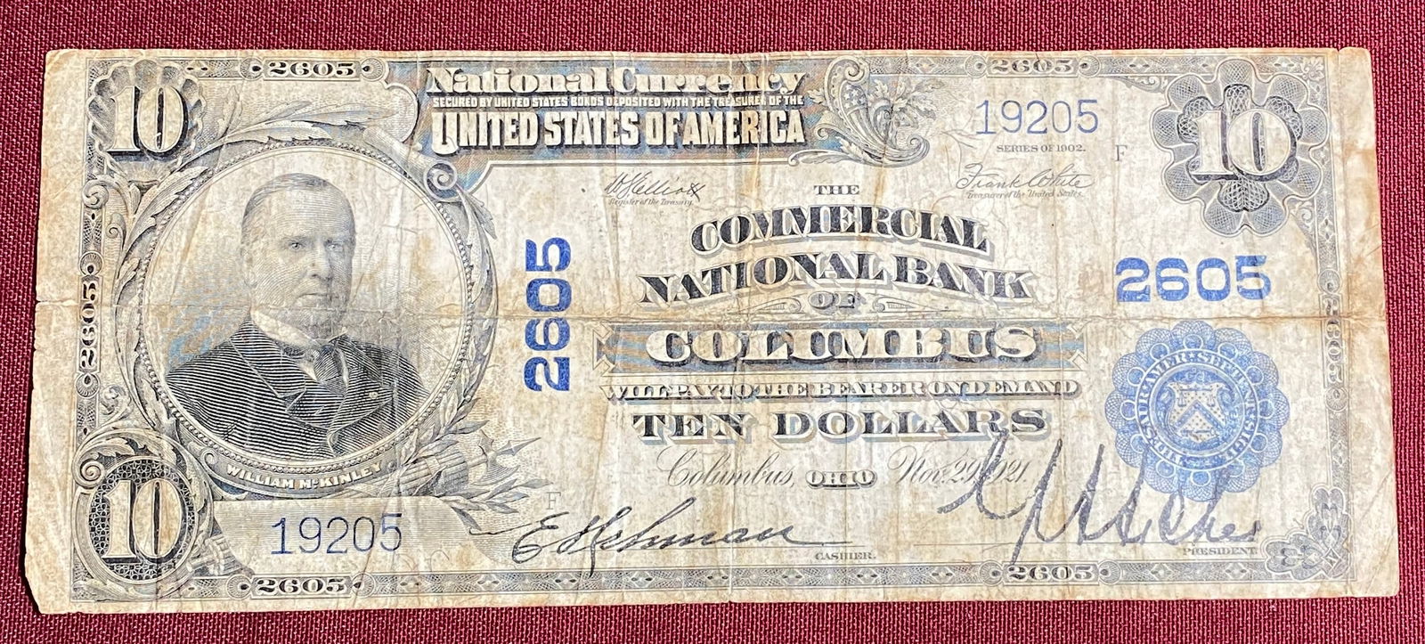 1902 Ten Dollar National Bank Note from The Commercial National Bank of Columbus - Issued Under: 1902 Ten Dollar National Bank Note from The Commercial National Bank of Columbus - Issued Under Charter Number 2605