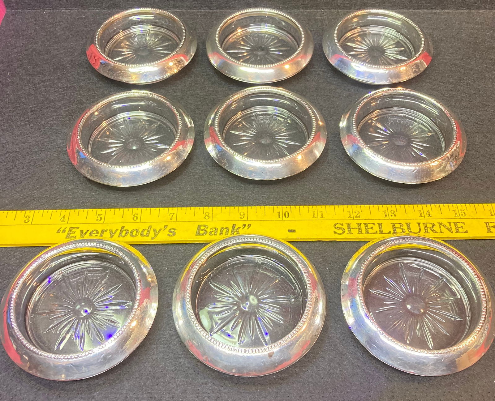 Nine Sterling Silver Rimmed Frank Whiting Glass Coasters - Three Have Chips (1 of 5)