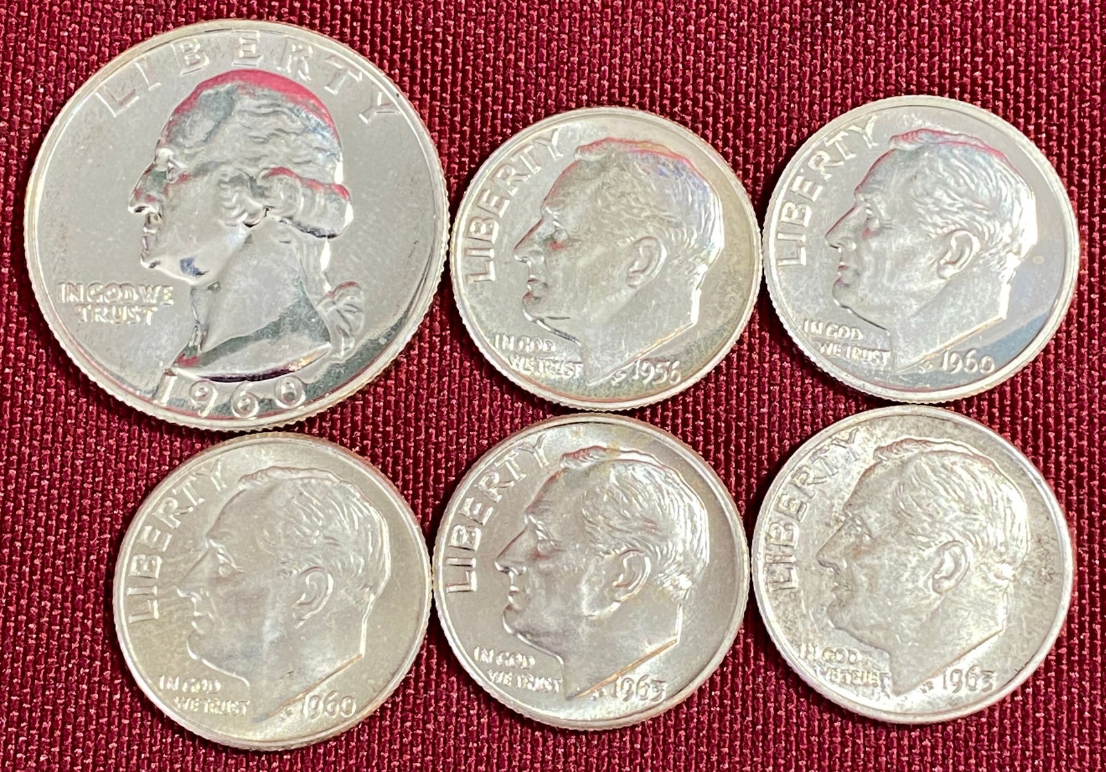 Six BU Silver Coins - 1960 Washington Quarter & Roosevelt Dimes 1956, 1960, 1960-D, 1963, 1963-D: Six BU Silver Coins - 1960 Washington Quarter & Roosevelt Dimes 1956, 1960, 1960-D, 1963, 1963-D