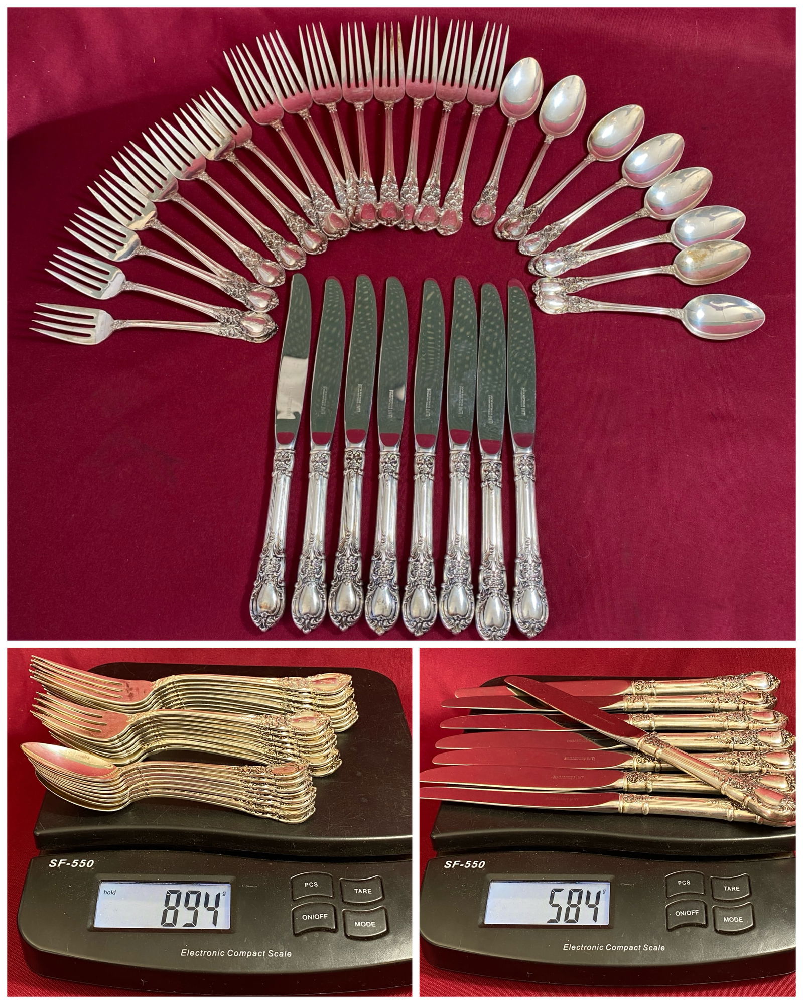 Lunt Sterling Silver 'American Victorian' - Forks/Spoons 894 Grams & Knives 584 Grams - Monogrammed (1 of 9)
