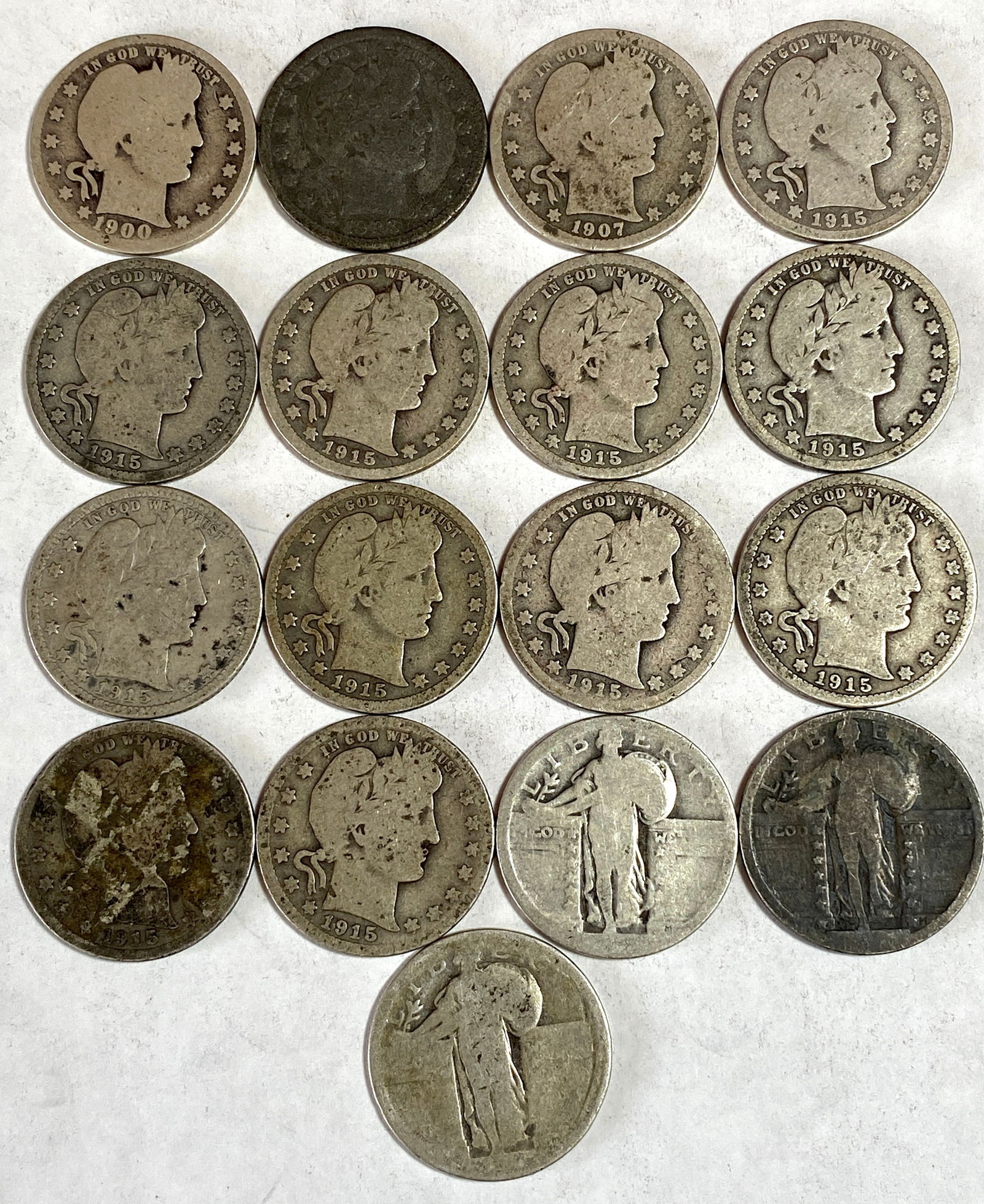 Seventeen Silver Quarters - (14) Barber and (3) Standing Liberty (1 of 3)
