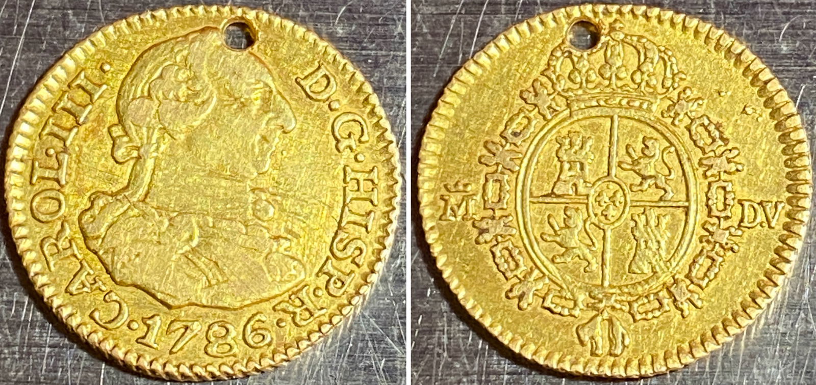 1786 Spanish 1/2 Esculdo Gold Coin - 1.74 Grams - Hole Drilled for Pendant (1 of 5)