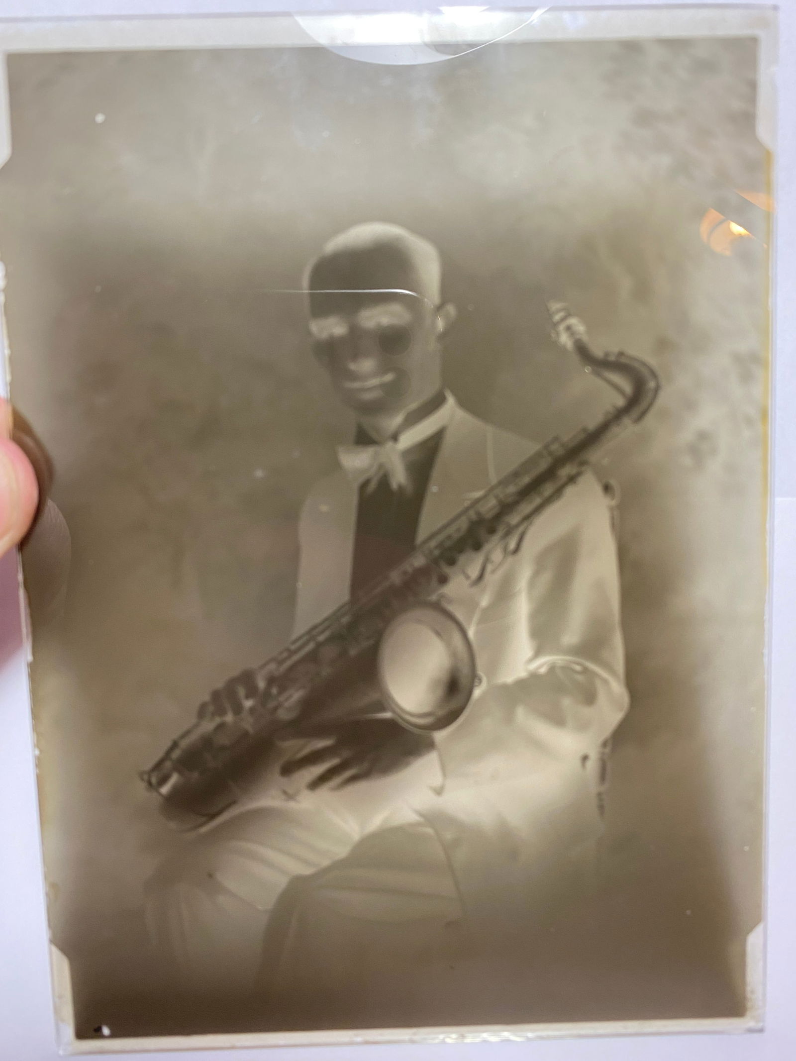 Antique Glass Photograph Negative of a Man with Saxophone: Antique Glass Photograph Negative of a Man with Saxophone