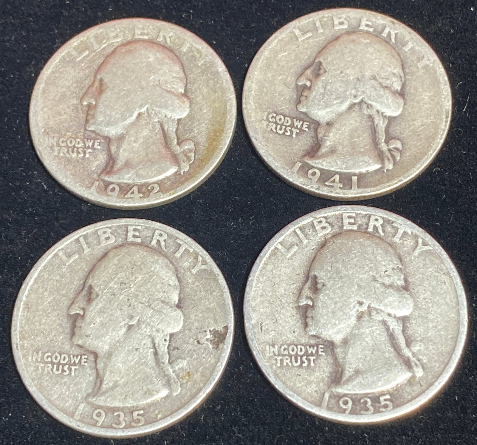 Four Washington Silver Quarters - (2) 1935, 1941-S, 1942 (1 of 4)