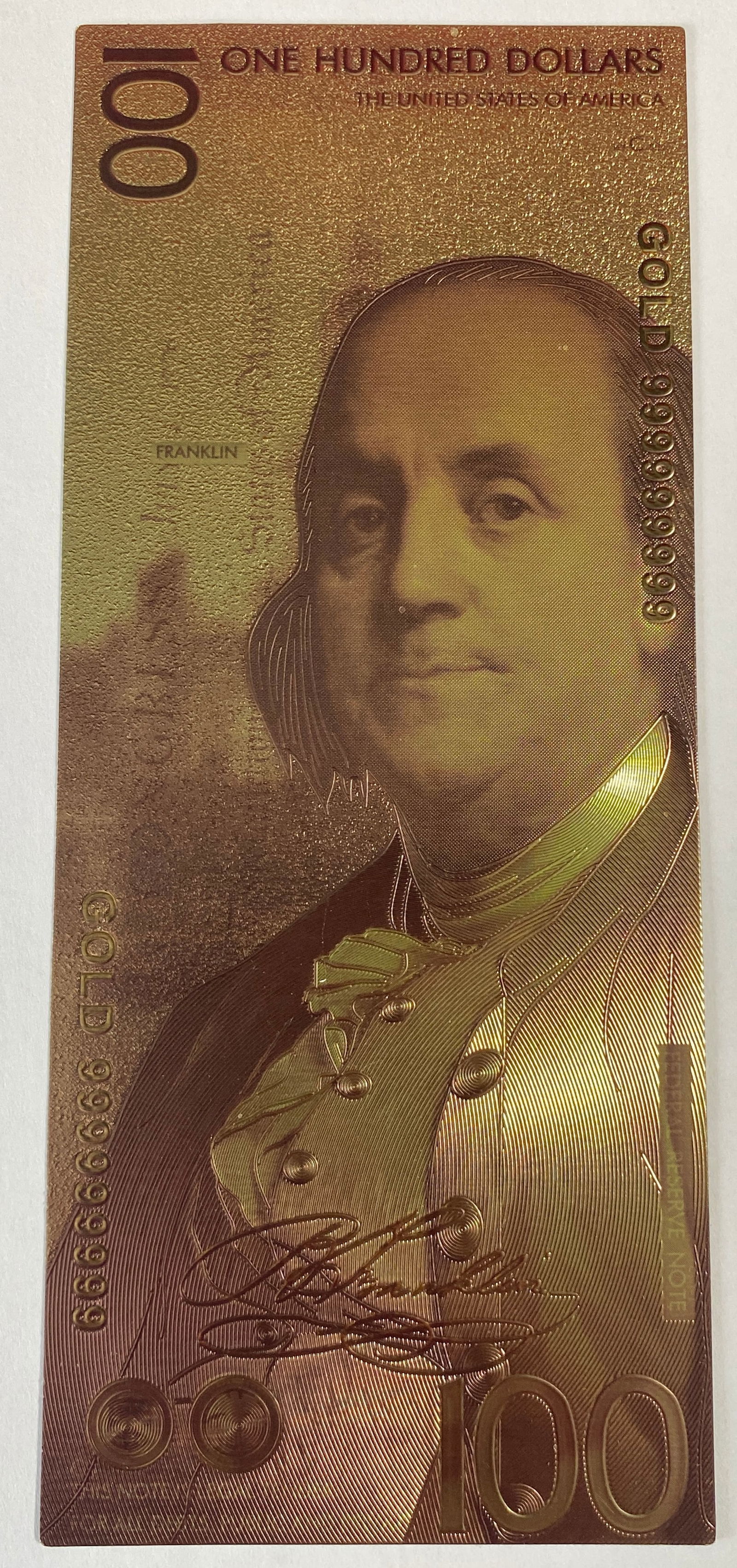 24K Gold Foil Plated Note - Ben Franklin $100 U.S. Dollar Collectible (1 of 5)