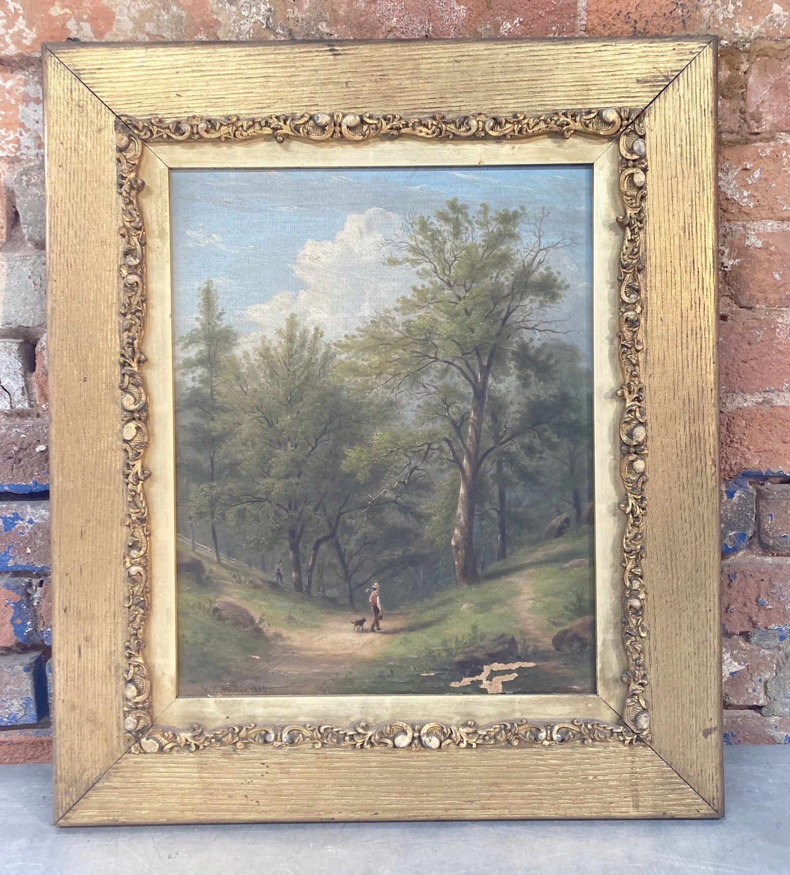 Antique Oil on Canvas by William Rickarby Miller (1818-1893) - Man with Dog in Woods Summer Scene - (1 of 5)