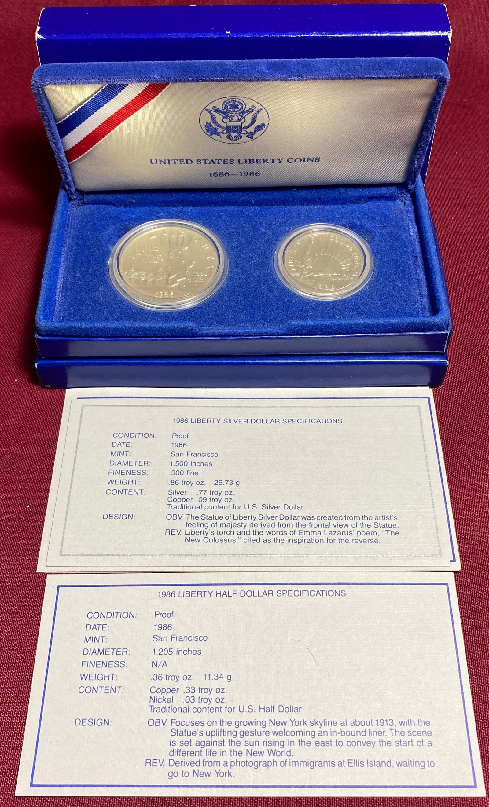 1986 U.S. Mint Statue of Liberty Commemorative Coin Set - (1) Silver Dollar & (1) Half Dollar (1 of 5)