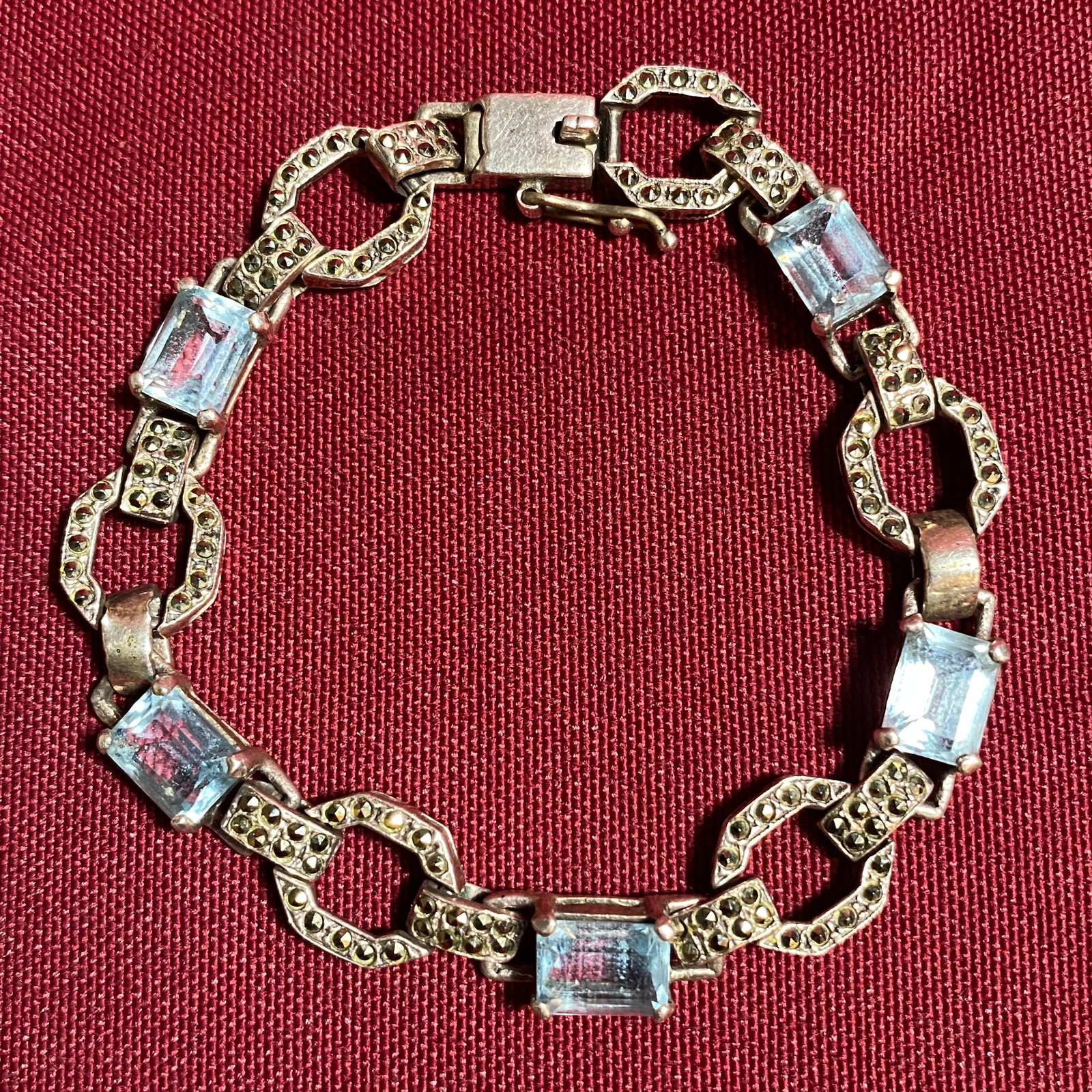 Sterling Silver and Marcasite Bracelet with Topaz Colored Stones - 7" - 15.85 Grams - Marked MAF (1 of 5)
