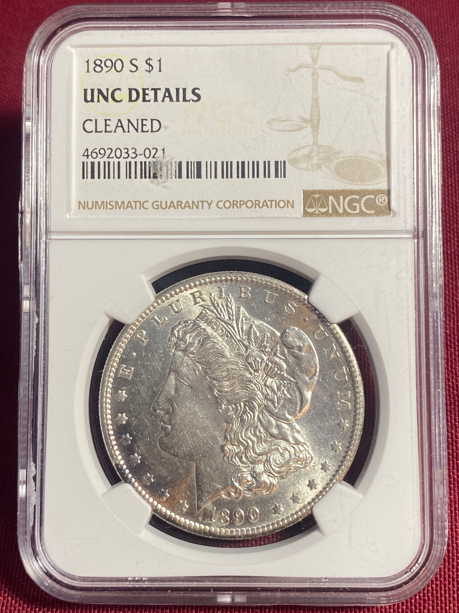 Graded 1890-S Morgan Silver Dollar - Uncirculated Details/Cleaned - By NGC: Graded 1890-S Morgan Silver Dollar - Uncirculated Details/Cleaned - By NGC