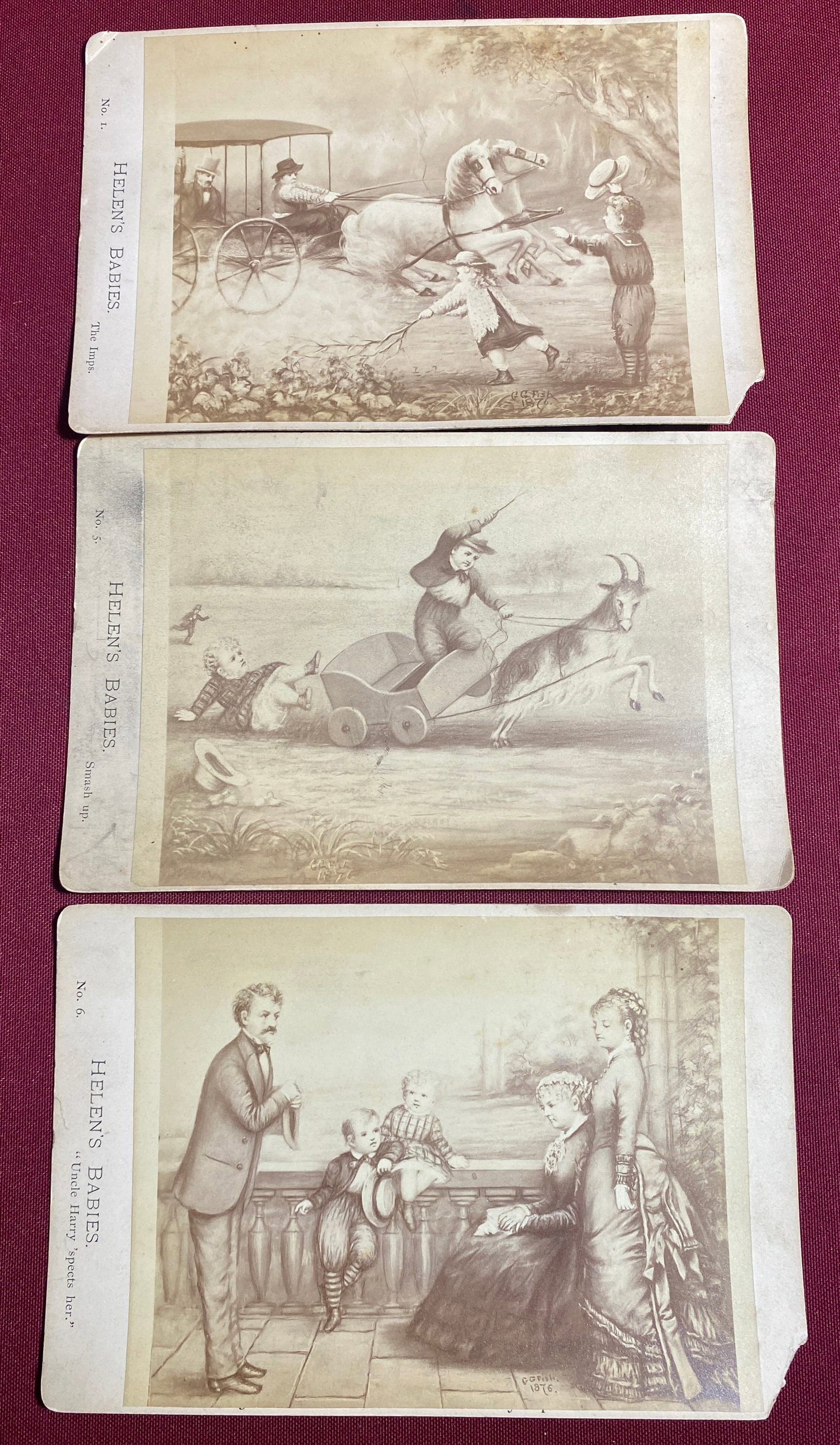 Three Helen's Babies Cabinet/Collector Cards - No. 1 'The Imps', No.5 'Smash Up', and No 6. 'Uncle (1 of 8)