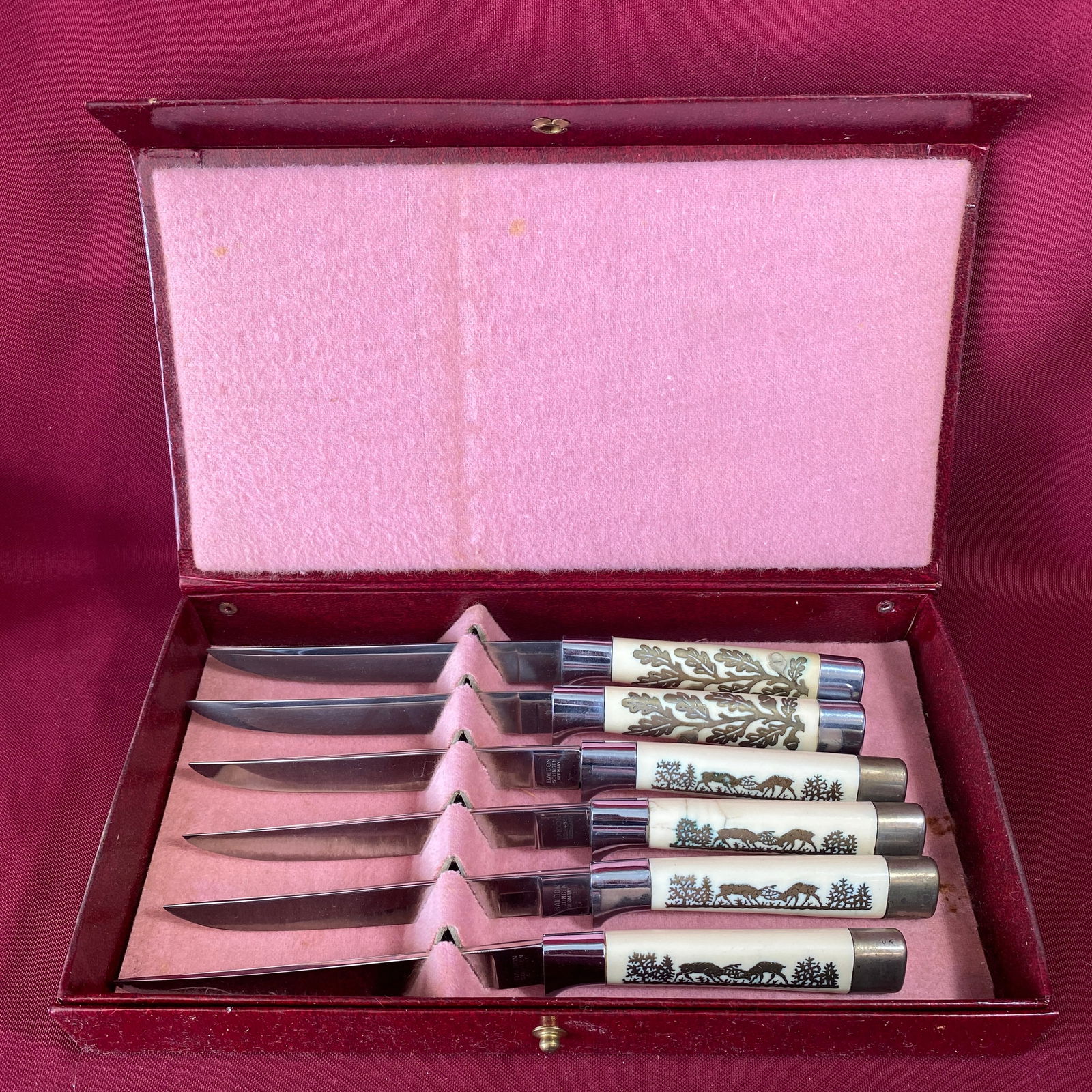 Six Ornate Inlayed Solingen Germany Steak - Knives in Case - (4) Dueling Stags & (2) Leaf Pattern (1 of 11)