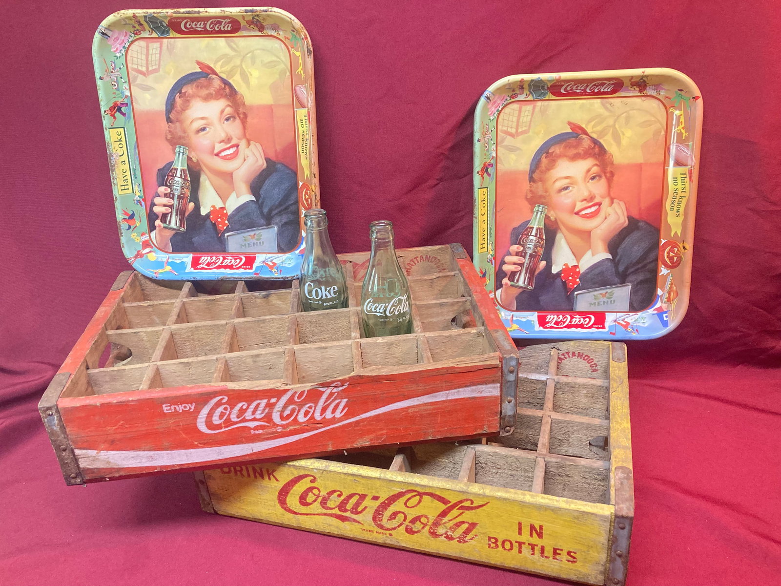 Two Older Coca Cola Wooden Crate Boxes (1968 & 1970) and Two Vintage Coca Cola Trays (1 of 5)