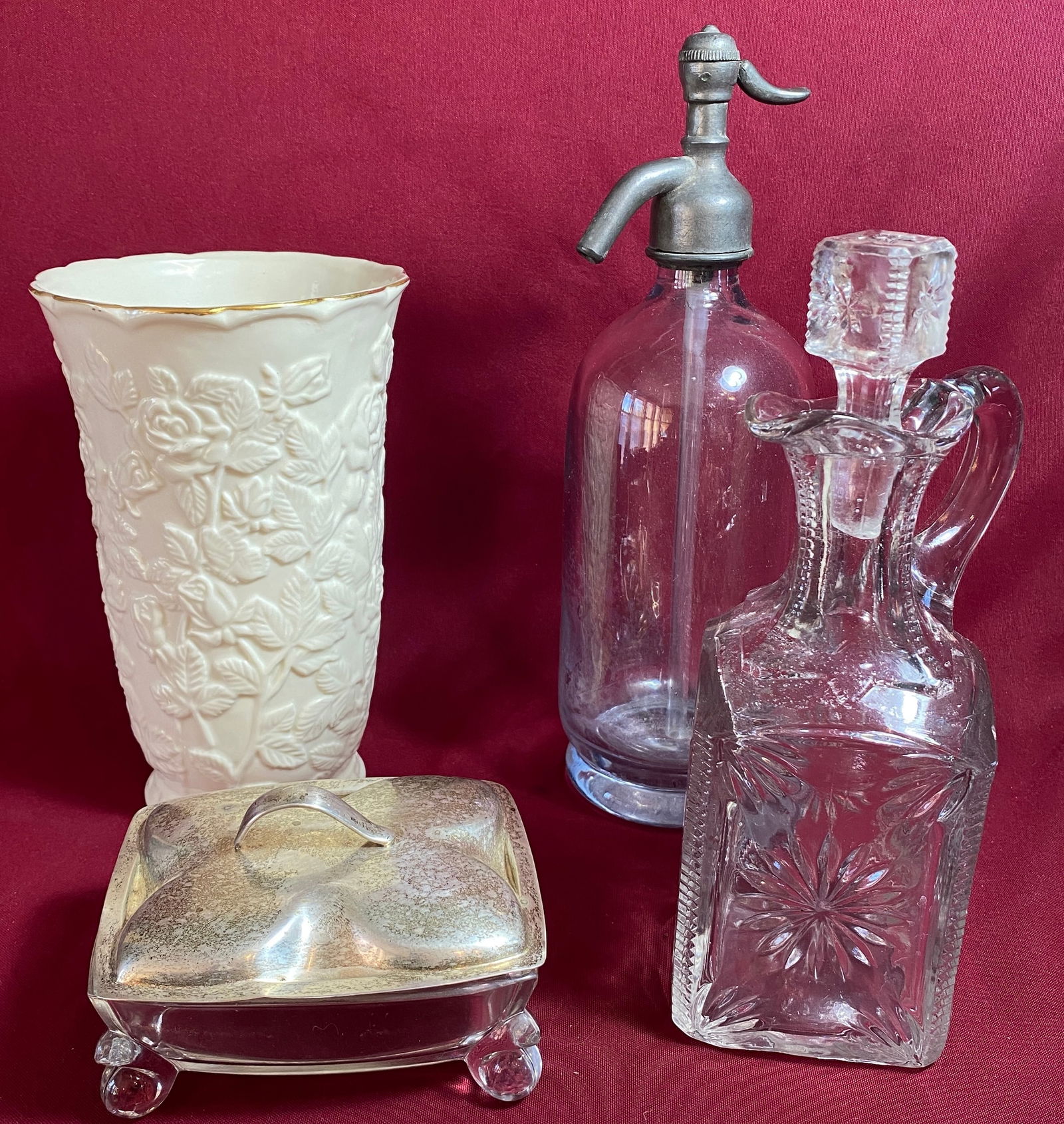 Vintage Glass, Etc. - One Dish with Sterling Lid (120 Grams) - Decanter, Rose Vase, Seltzer Bottle (1 of 9)