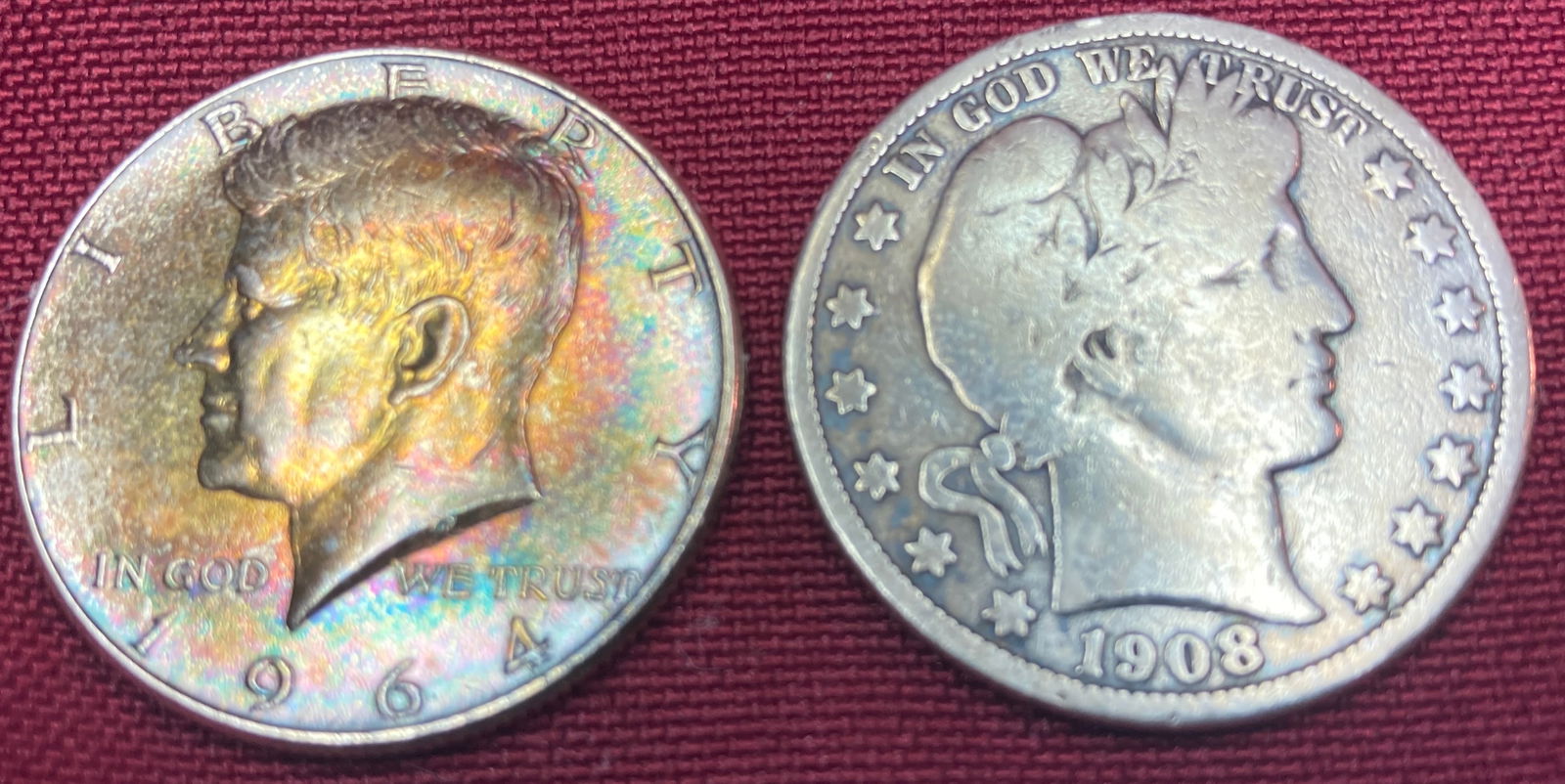 Two Silver Half Dollars - 1908 Barber & 1964 Kennedy (1 of 3)