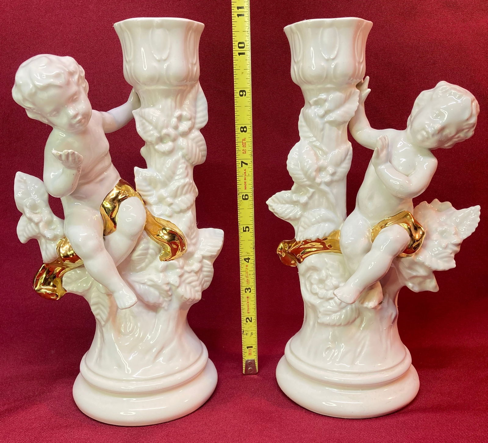 Pair of Victorian Holland Mold 1972 White & Gold Cherub Candlesticks - Signed (1 of 5)