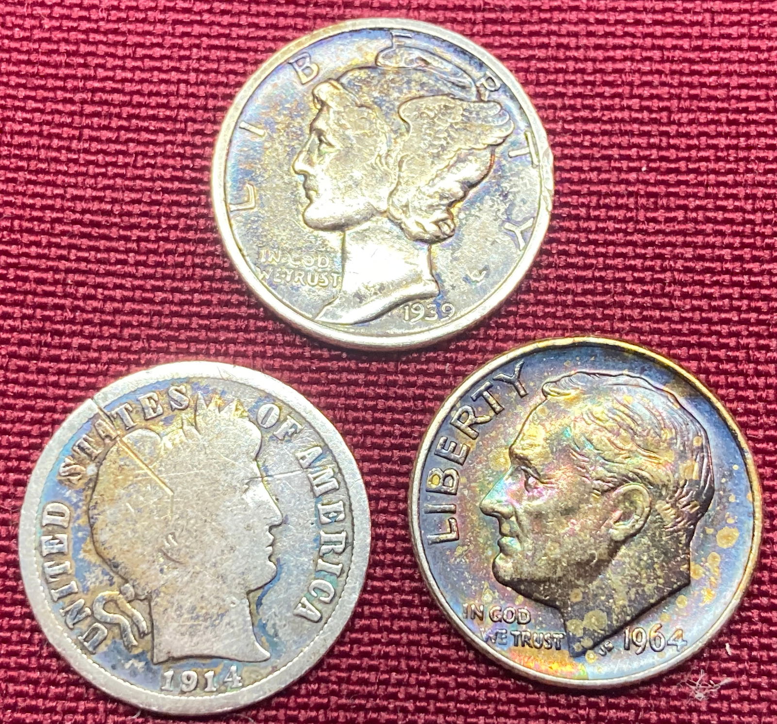 Three Silver Dimes - 1914 Barber, 1939 Mercury, 1964 Roosevelt (1 of 2)