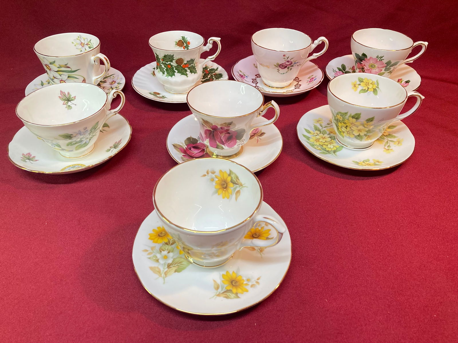 Eight Flowered Older Cubs & Saucers - Bone China England (1 of 4)