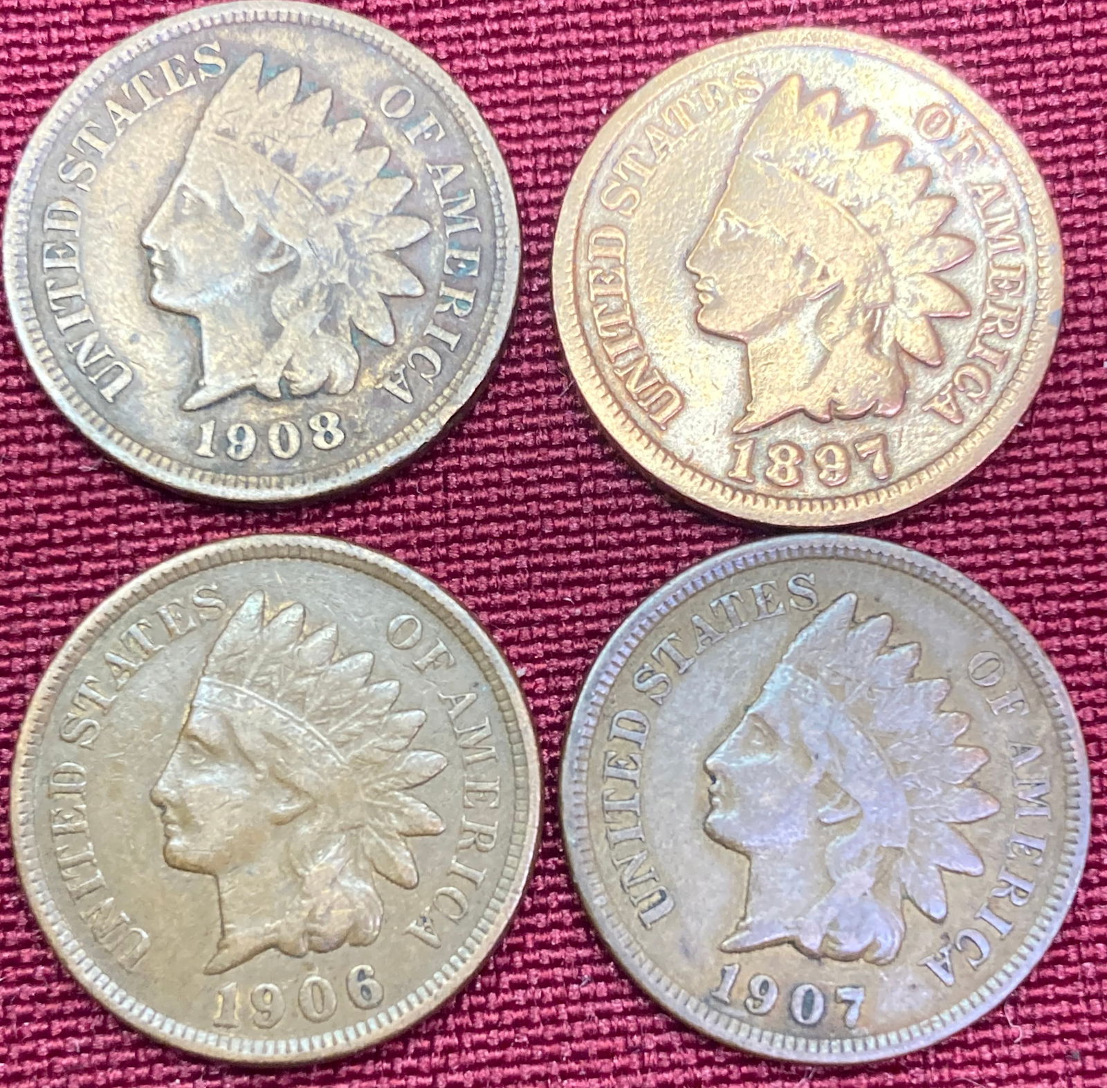 Four Indian Head Pennies - 1897, 1906, 1907, 1908 (1 of 2)