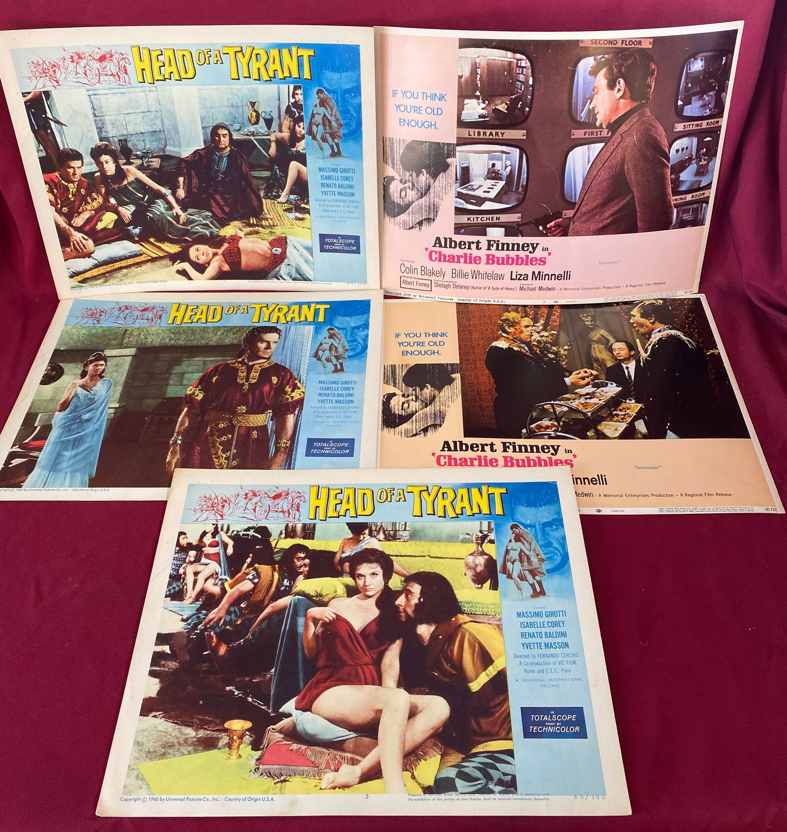Five Universal Pictures Movie Lobby Cards - (3) 1960 'Head of a Tyrant' & (2) 1968 'Charlie Bubbles' (1 of 9)