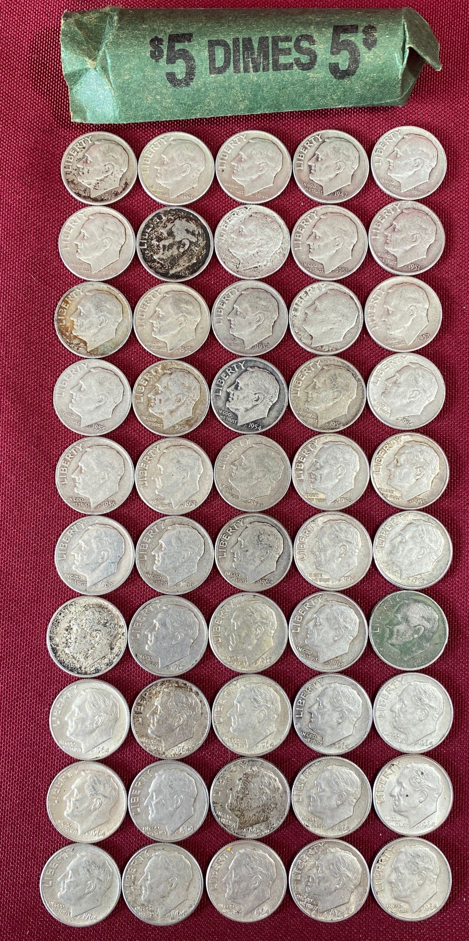 Fifty Various Silver Roosevelt Dimes - Years Unresearched - Bank Roll (1 of 6)