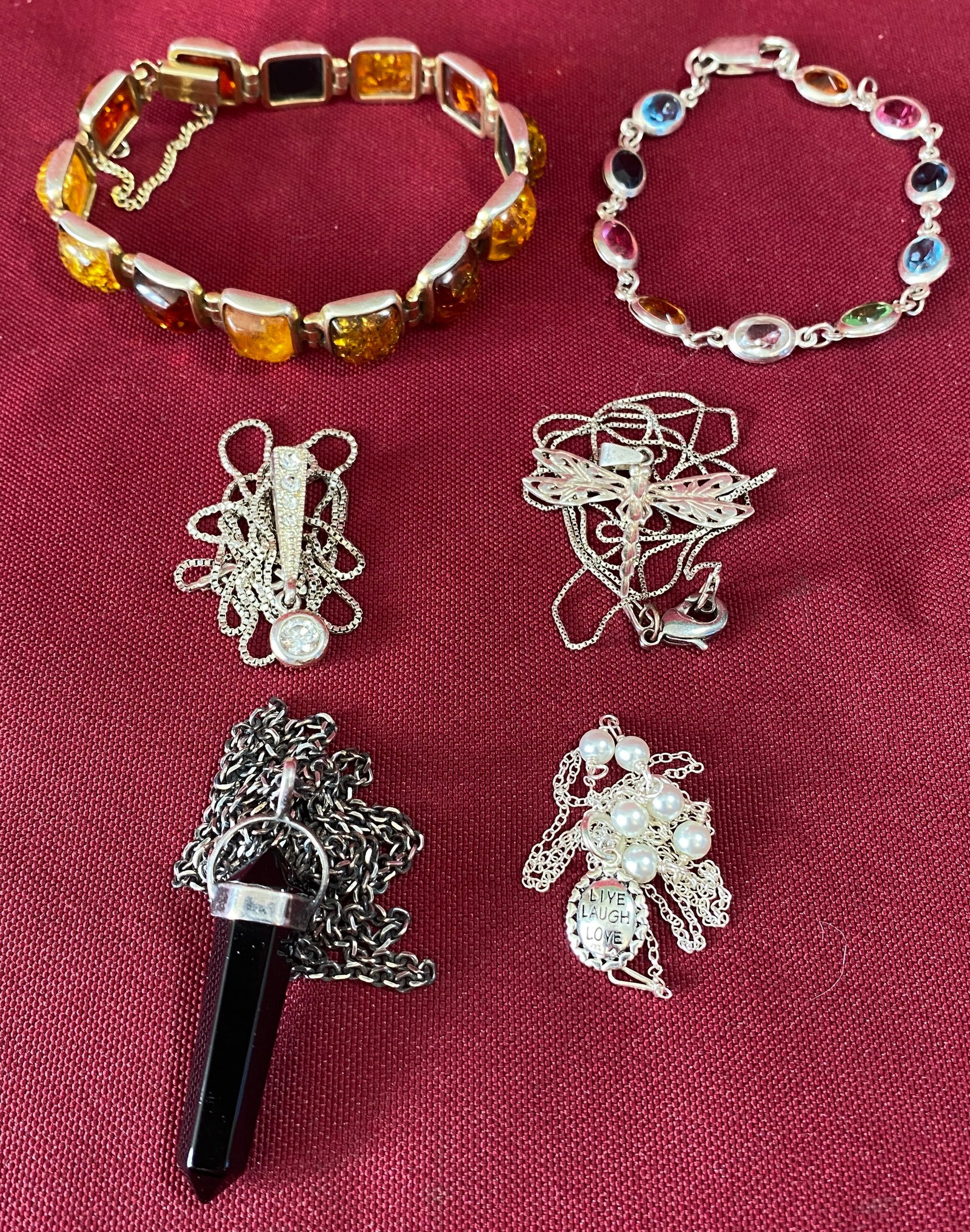 Various Necklaces & Bracelets - Several Marked Sterling - Some with Stones & Charms Including Amber, (1 of 8)