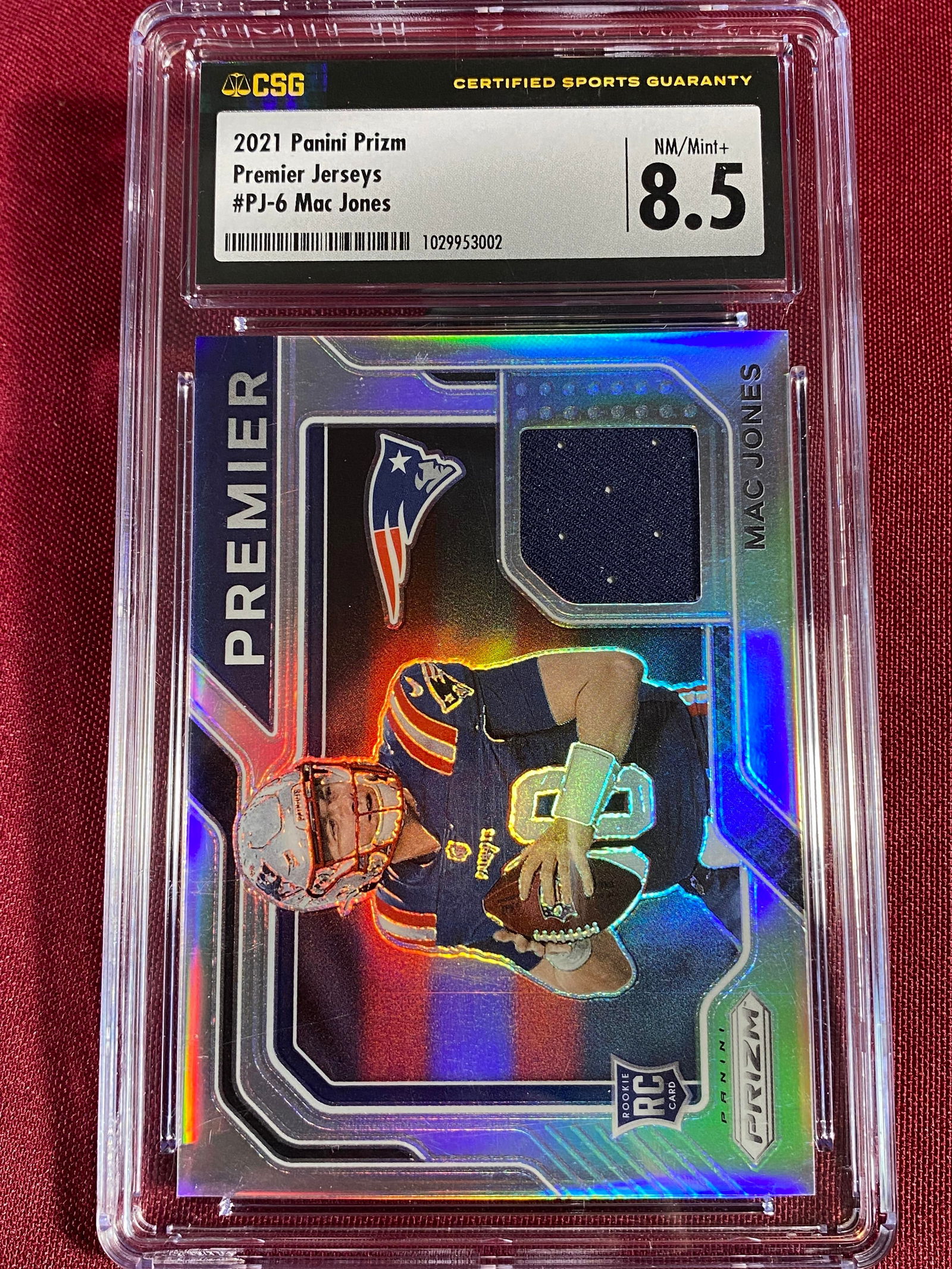 Graded 2021 Panini Prizm Premier Jerseys #PJ-6 Mac Jones Rookie Card - NM/Mint +8.5 by CSG (1 of 5)