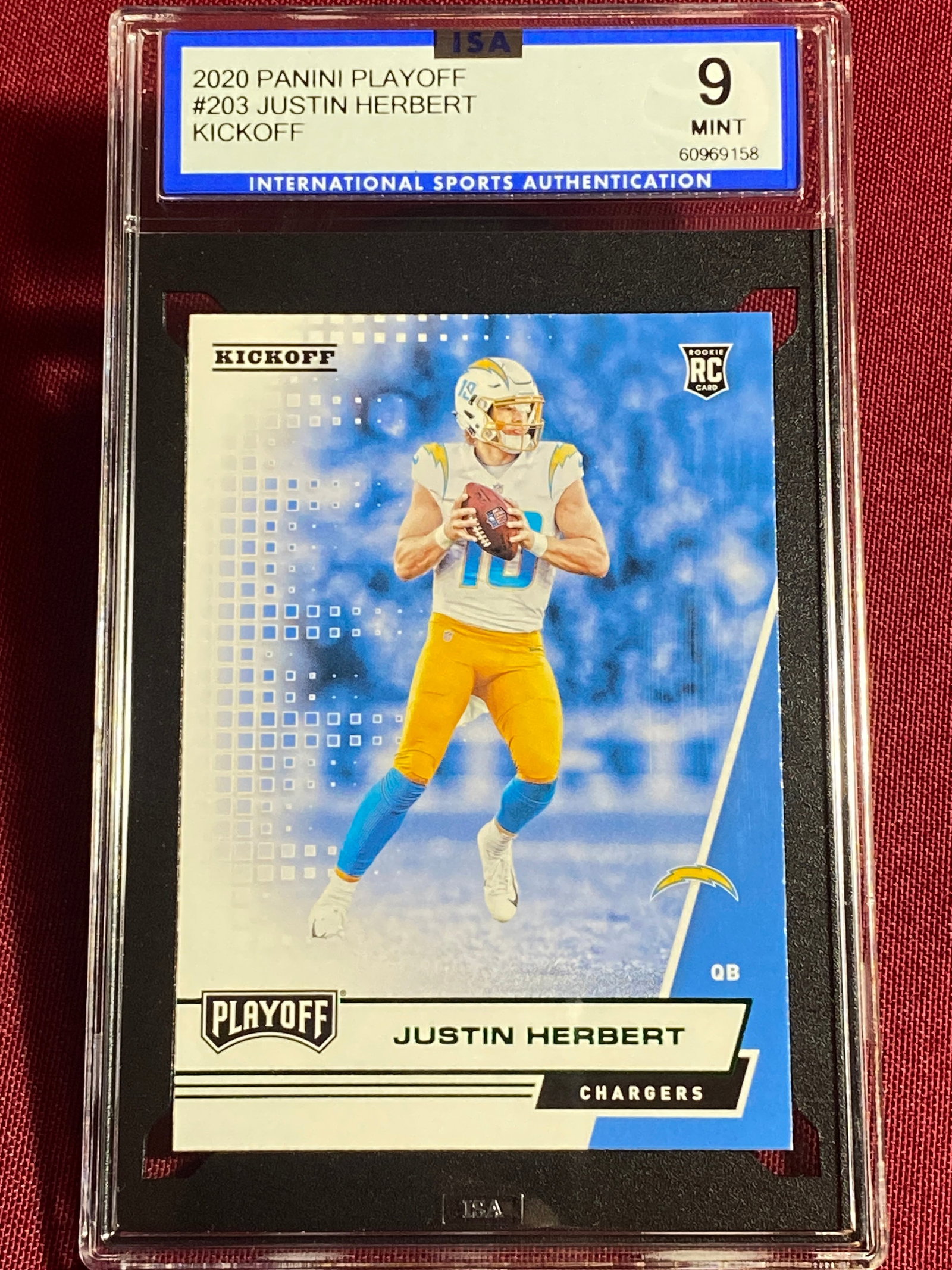 Graded 2020 Panini Playoff #203 Justin Hebert Kickoff Rookie Football Card - GEM Mint 9 by ISA (1 of 3)