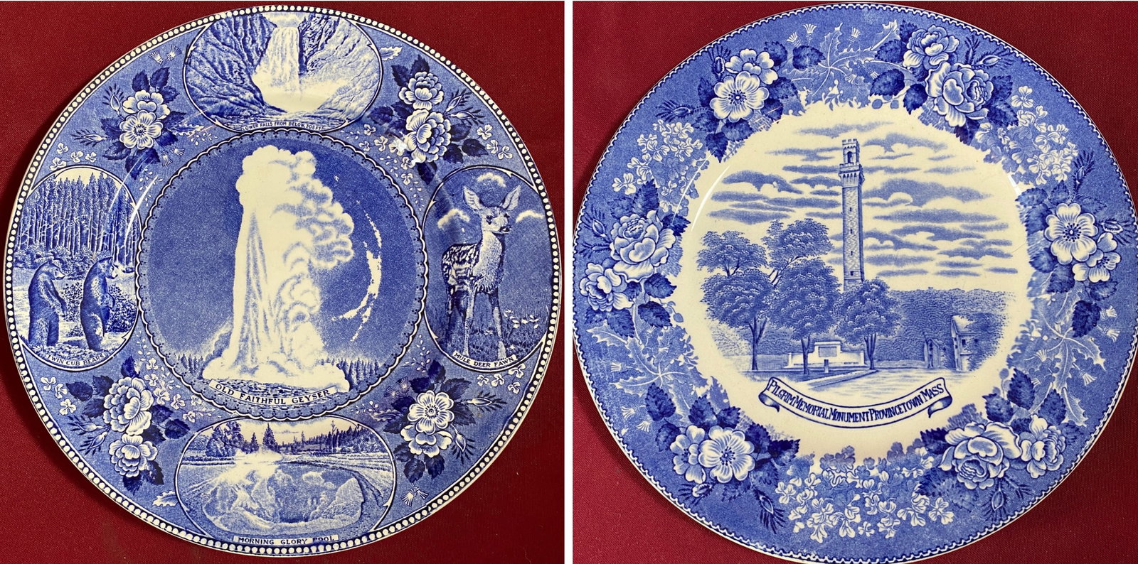 Two Old English Staffordshire Ware Plates - 'Old Faithful' & 'Pilgrim Memorial': Two Old English Staffordshire Ware Plates - 'Old Faithful' & 'Pilgrim Memorial'
