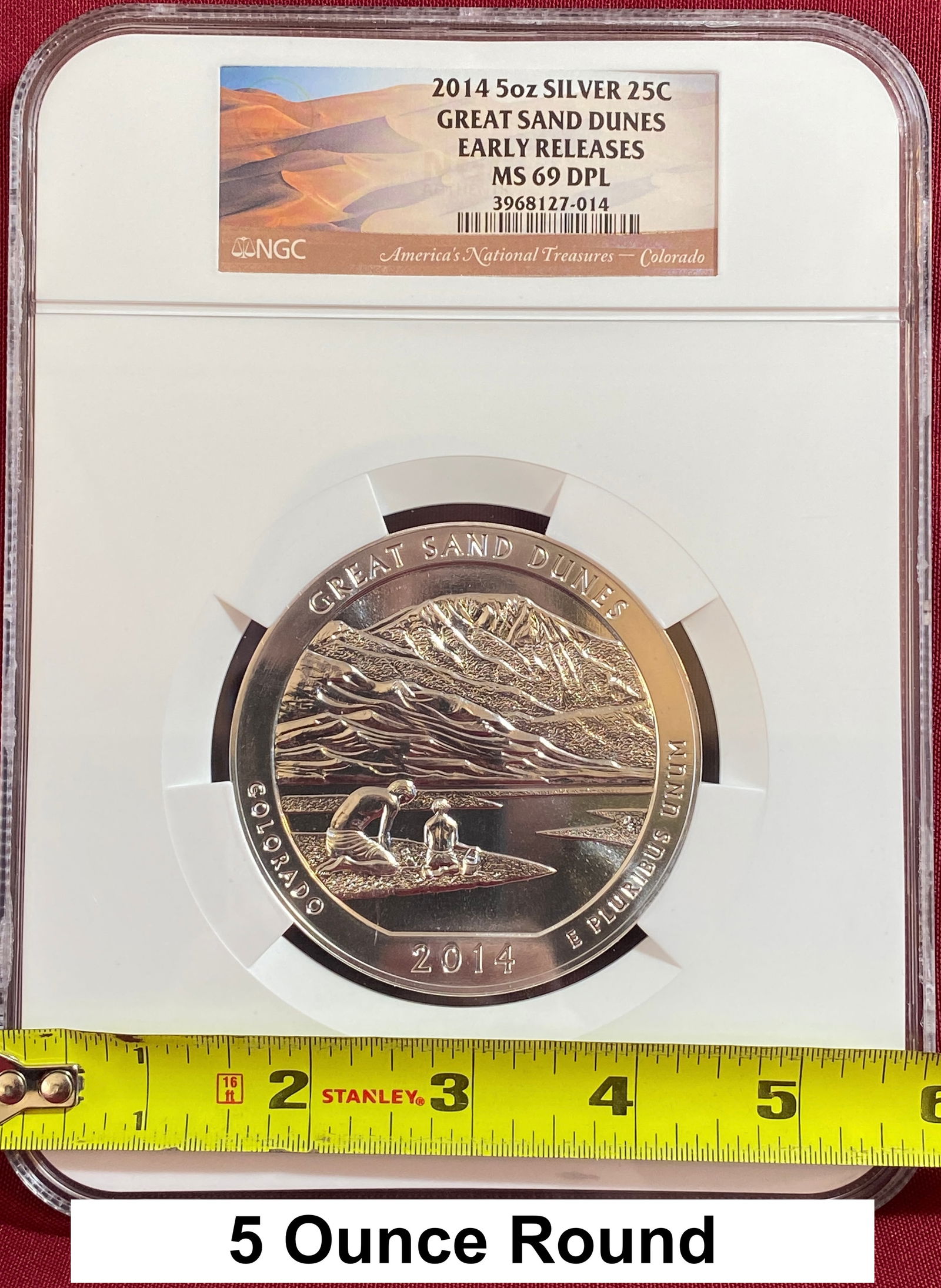 Graded 2014 Five Ounce .999 Fine Silver Round - Great Sand Dunes - Early Releases - MS69 DPL by NGC: Graded 2014 Five Ounce .999 Fine Silver Round - Great Sand Dunes - Early Releases - MS69 DPL by NGC