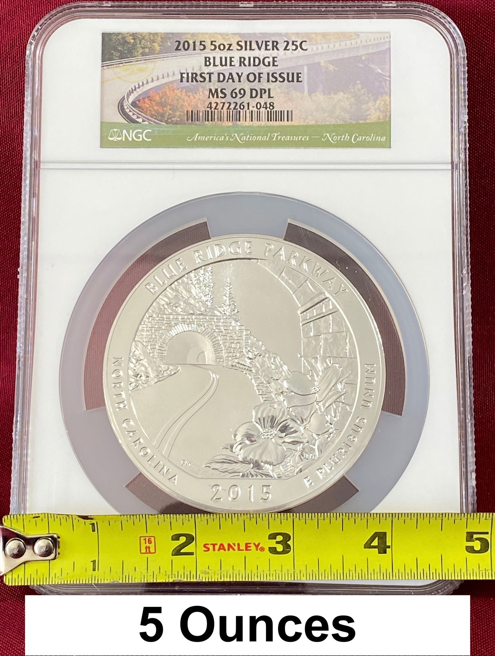 Graded 2015 Five Ounce .999 Fine Silver Round - Blue Ridge - First Day Issue - MS69 DPL by NGC: Graded 2015 Five Ounce .999 Fine Silver Round - Blue Ridge - First Day Issue - MS69 DPL by NGC