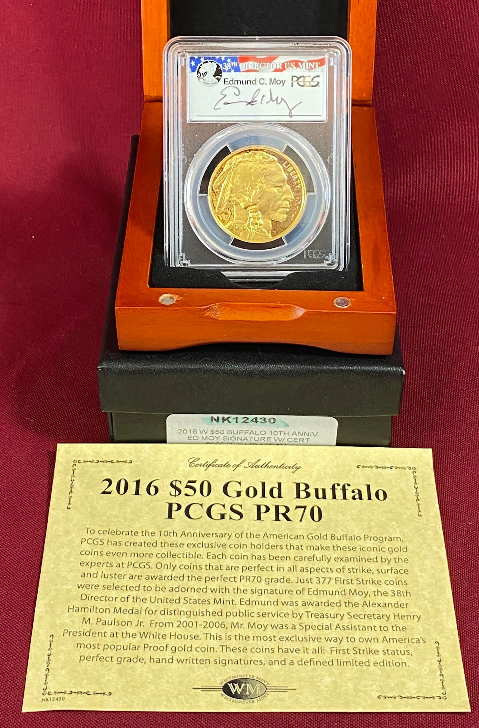 Graded 2016-W One Ounce .999 Find Gold $50 American Buffalo - First Strike - 10th Anniversary - 1 of: Graded 2016-W One Ounce .999 Find Gold $50 American Buffalo - First Strike - 10th Anniversary - 1 of 377 - PR70DCAM by PCGS - with Original Box and COA