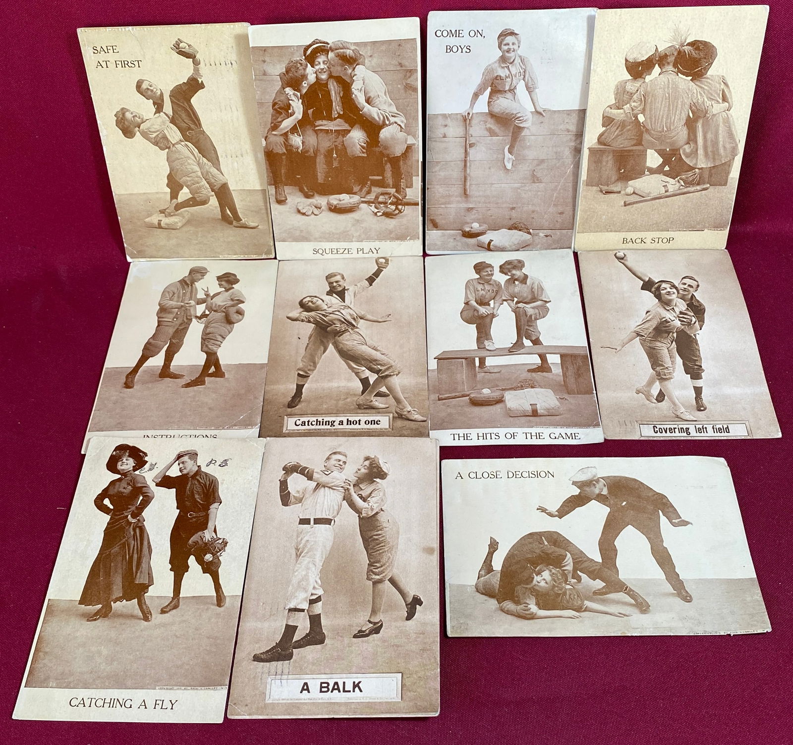 Antique Humorous Risque Baseball Themed Postcards - Colonial Art Pub. Co. - 'A Close Decision', 'A: Antique Humorous Risque Baseball Themed Postcards - Colonial Art Pub. Co. - 'A Close Decision', 'A Balk', 'Catching a Hot One', Squeeze Play', Etc.