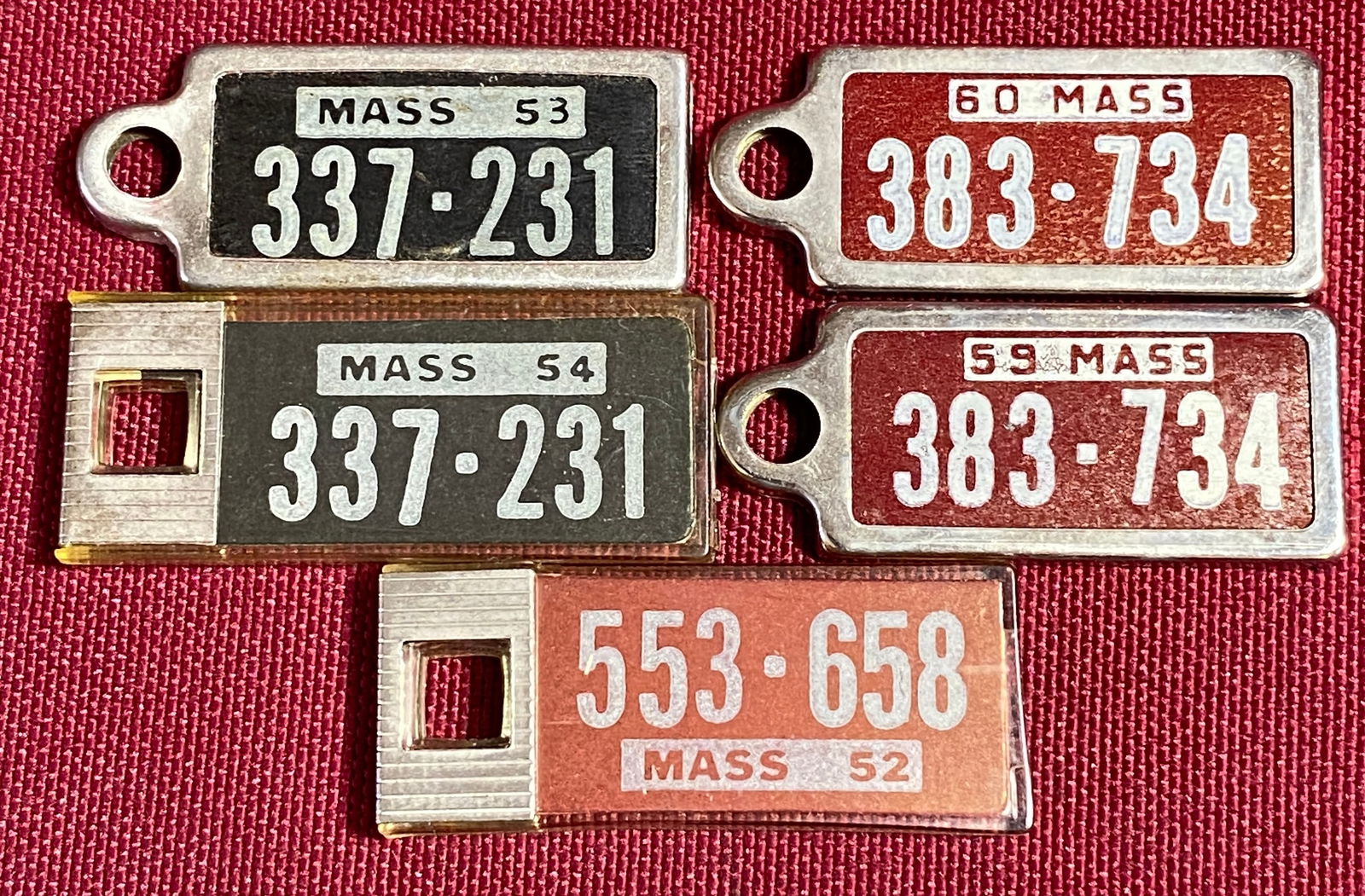 Five Massachusetts License Plate Keychains - (4) 1950s and (1) 1960 (1 of 4)