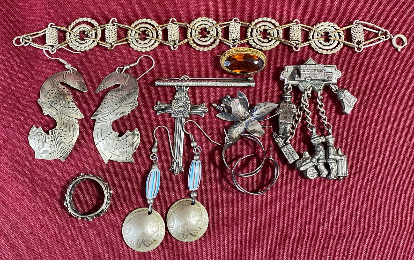 Assorted Jewelry - Pins, Earrings, Bracelet, Etc. - Includes One Sterling Pin: Assorted Jewelry - Pins, Earrings, Bracelet, Etc. - Includes One Sterling Pin