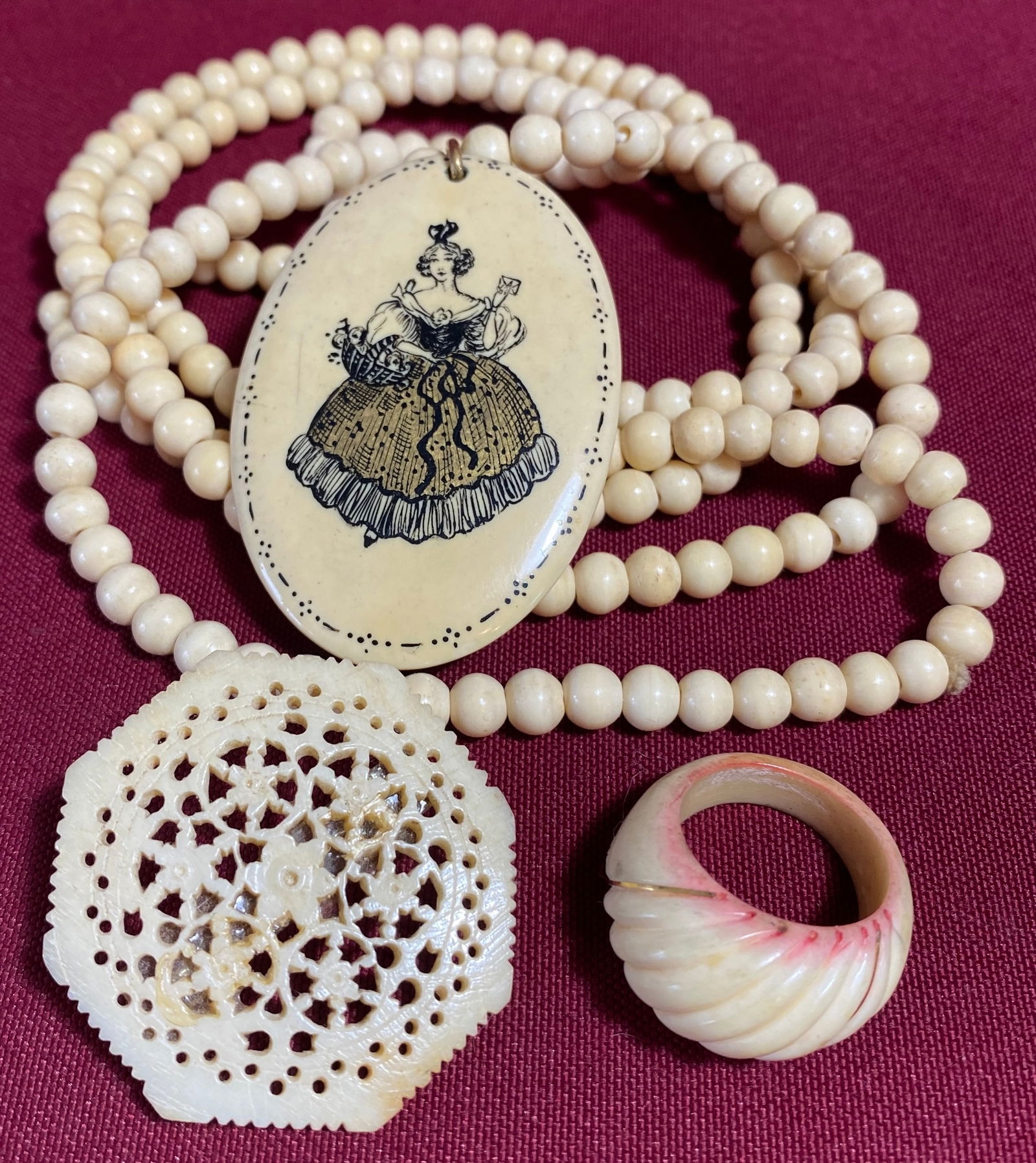 Carved Vintage and Older Necklace, Pin, and Ring (Size 6.5): Carved Vintage and Older Necklace, Pin, and Ring (Size 6.5)