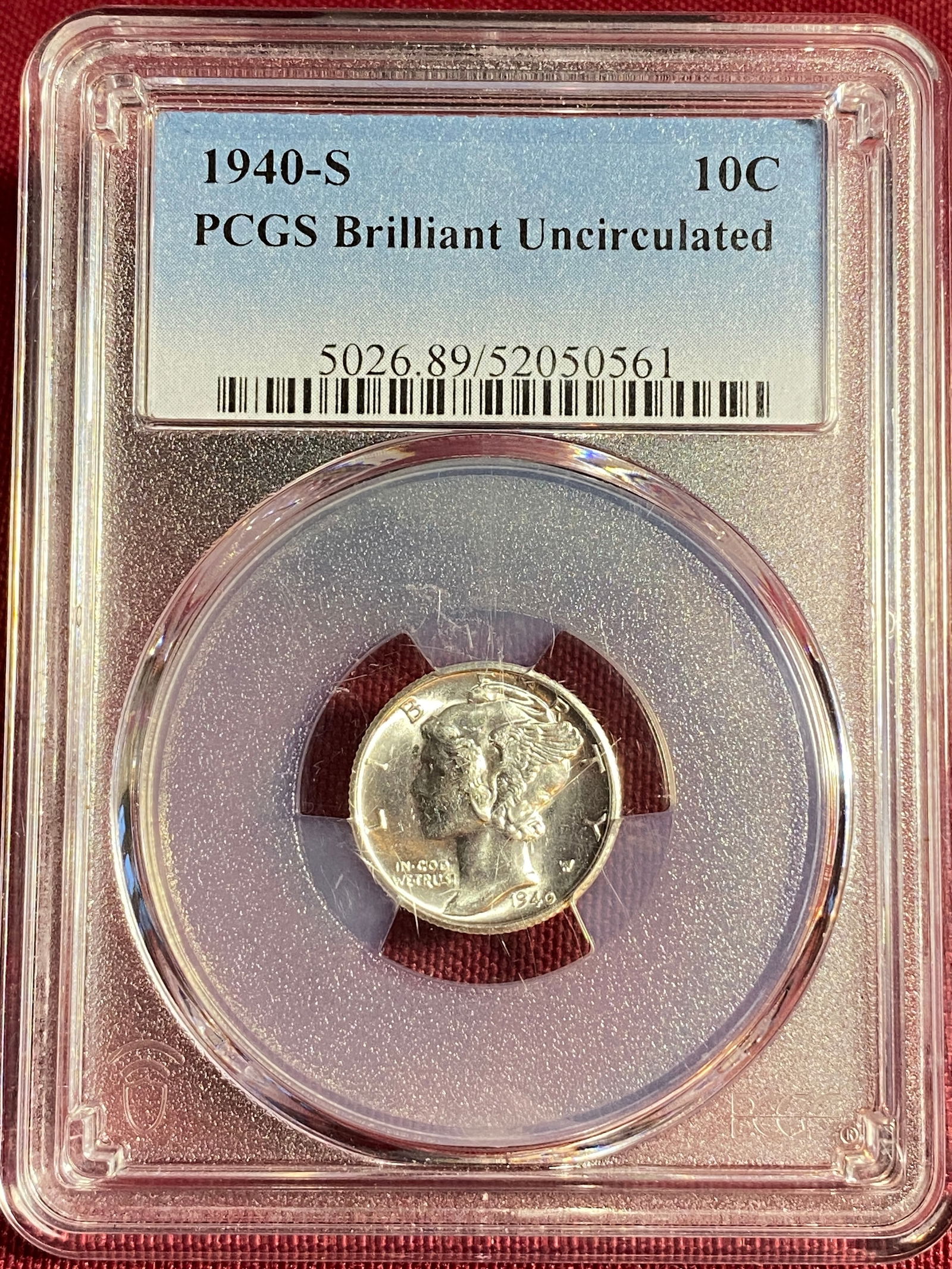 1940-S Brilliant Uncirculated (by PCGS) Mercury Silver Dime: 1940-S Brilliant Uncirculated (by PCGS) Mercury Silver Dime