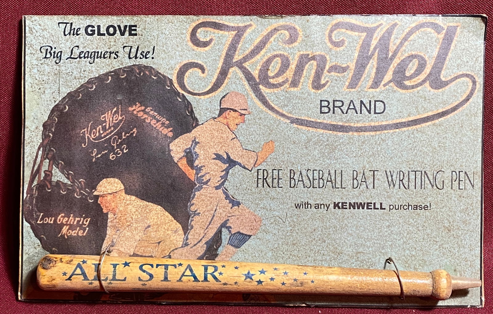 Older Ken-Wel Brand Baseball Glove Advertising 'Free' Baseball Bat Pen on Card - Original: Older Ken-Wel Brand Baseball Glove Advertising 'Free' Baseball Bat Pen on Card - Original