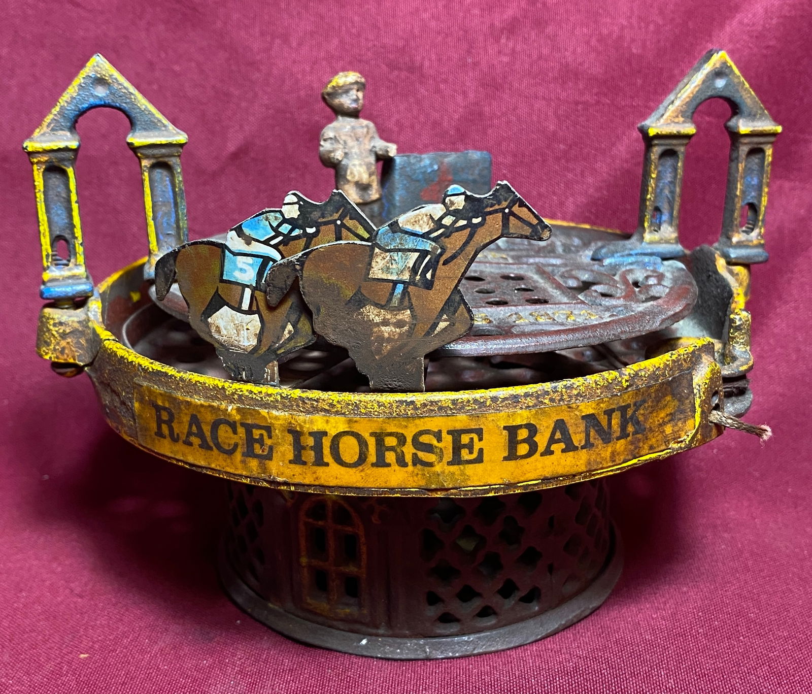 Older Cast Iron Starting Gate Race Horse Mechanical Bank - Repair Small Crack - See Photos: Older Cast Iron Starting Gate Race Horse Mechanical Bank - Repair Small Crack - See Photos