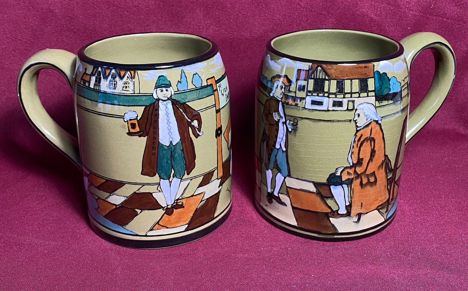 Pair of Rare Buffalo Deldare Ware Pottery Mugs/Steins - Ye Lion Inn (1 of 10)